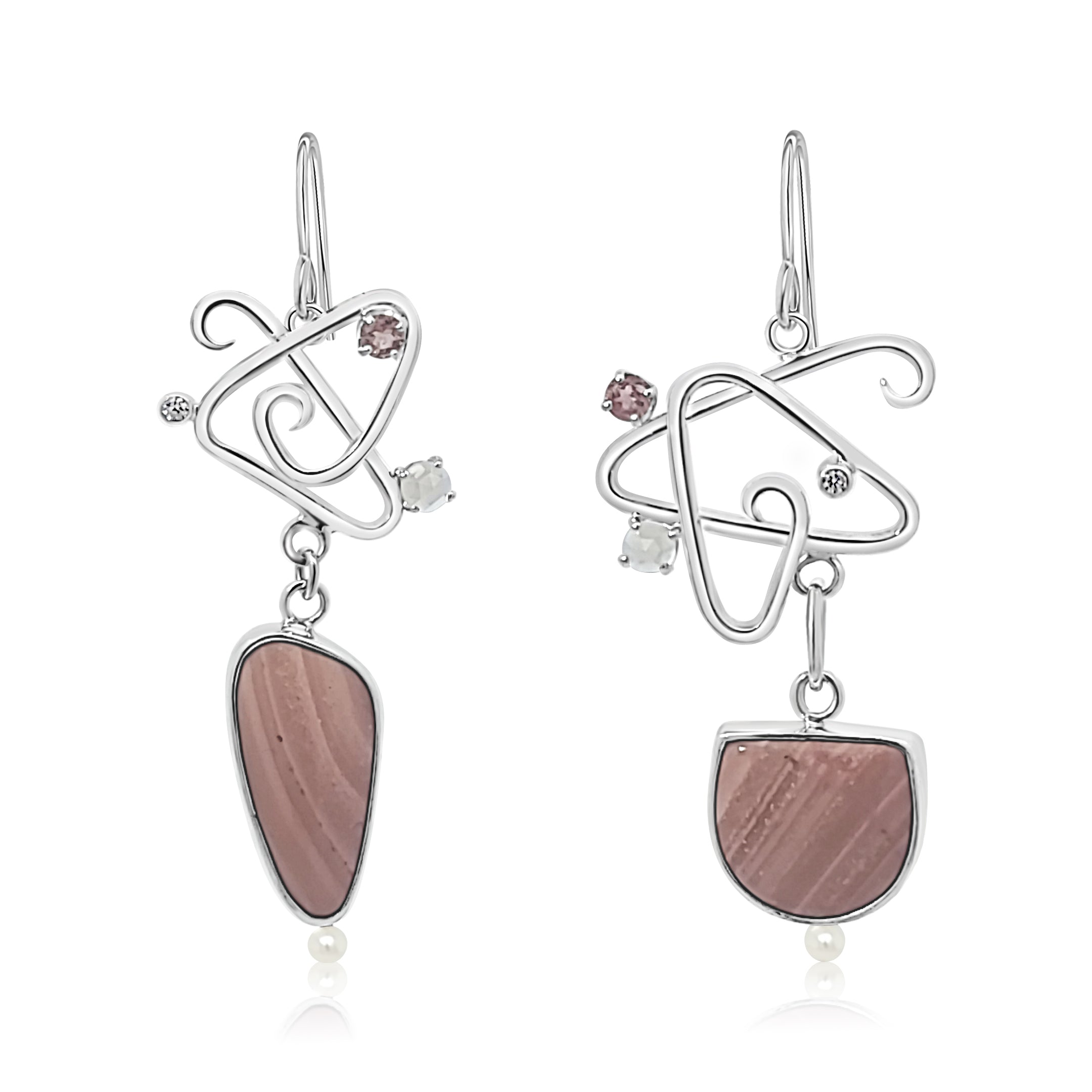 Pink Opal asymmetric earrings with Pink tourmaline, Rose Quartz, Cubic Zirconia and Freshwater Pearls.