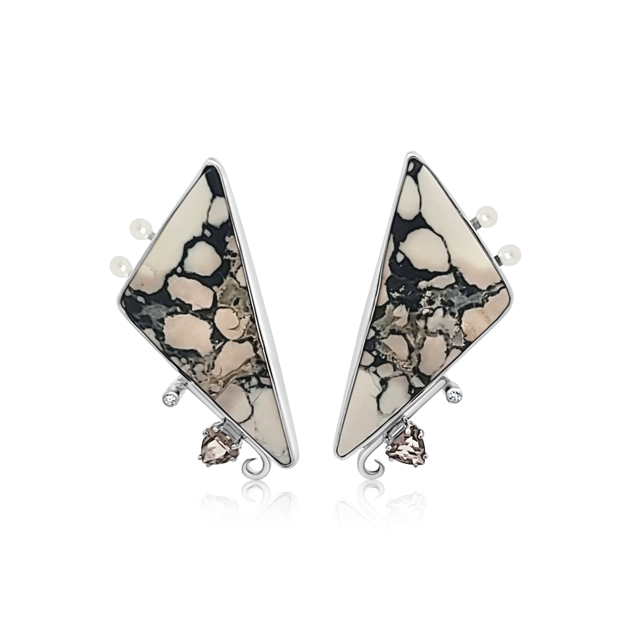 Markasite earrings set in Sterling Silver with Smoky Quartz, Cubic Zirconia and Freshwater Pearls.