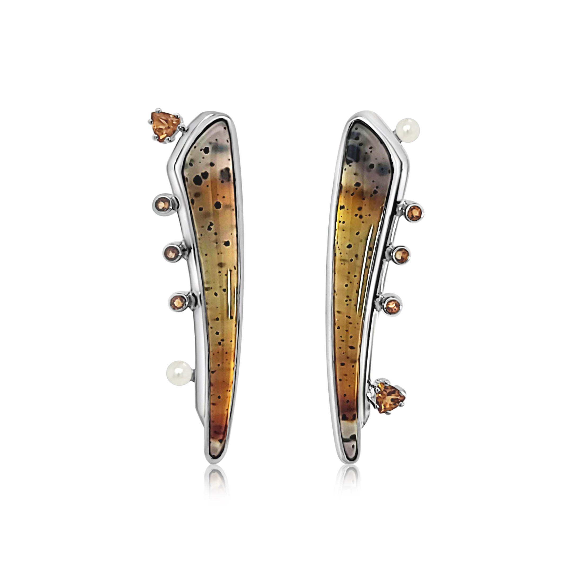 Asymmetric Montana Agate earrings set in Sterling Silver with Citrine and Freshwater Pearls.