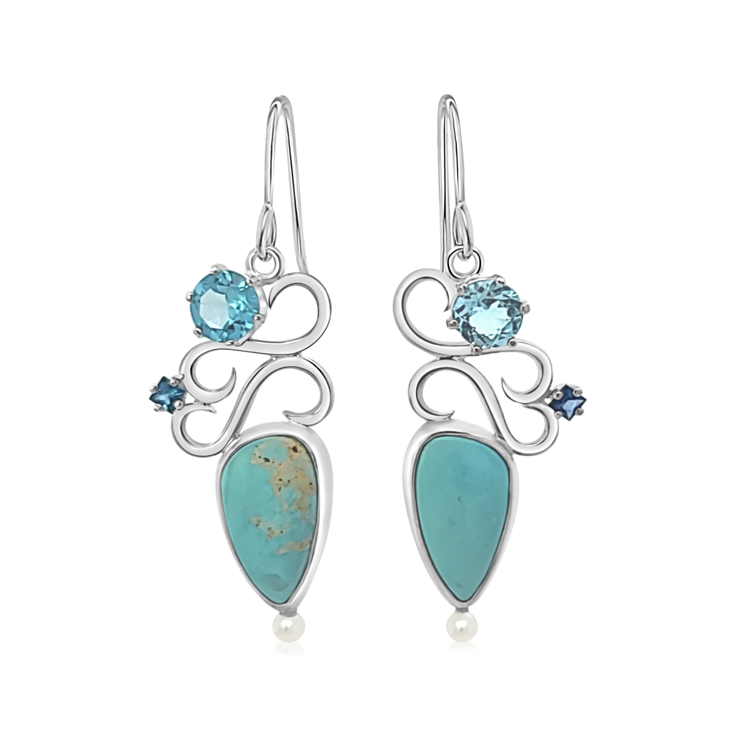 Armenian Turquoise earrings with Swiss Blue Topaz, Blue Sapphires and Freshwater Pearls.