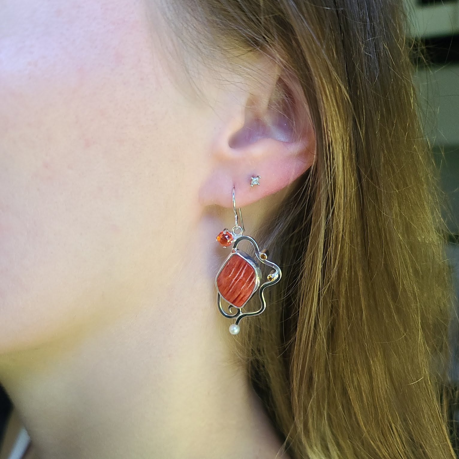 Spiced Coral Spiny Oyster Shell Twist Earrings