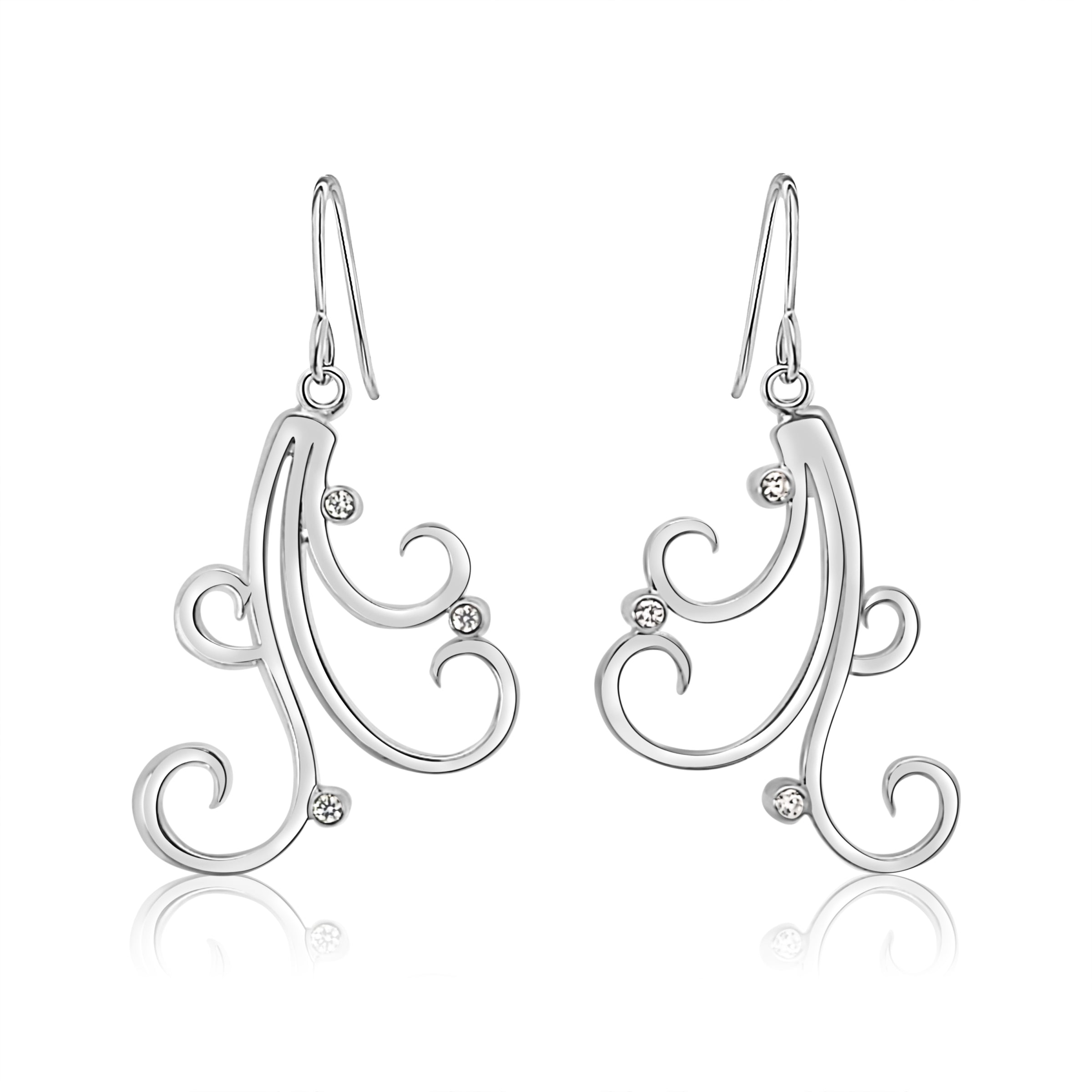 Small art deco swirl earrings in Sterling Silver with Cubic Zirconia and Freshwater Pearls.