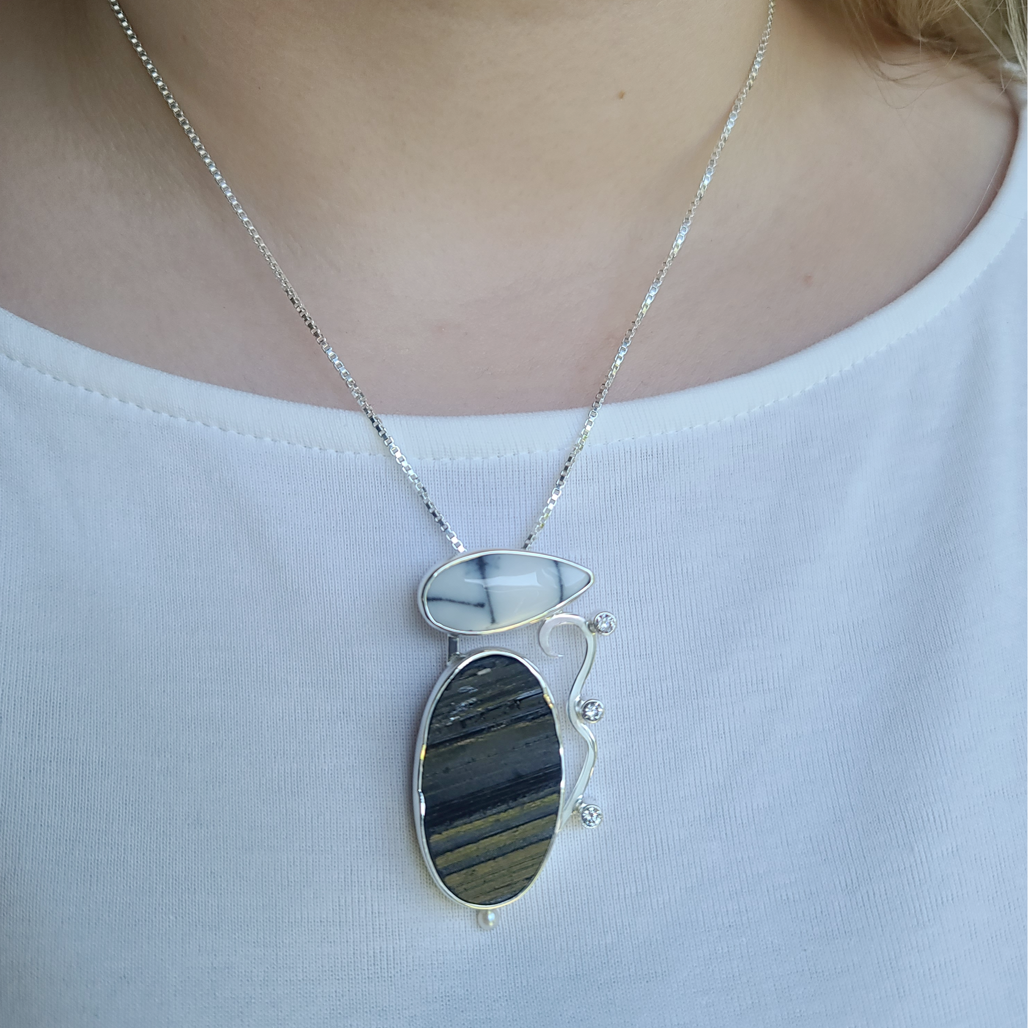 Dendritic Opal and Black Tourmaline Pendant