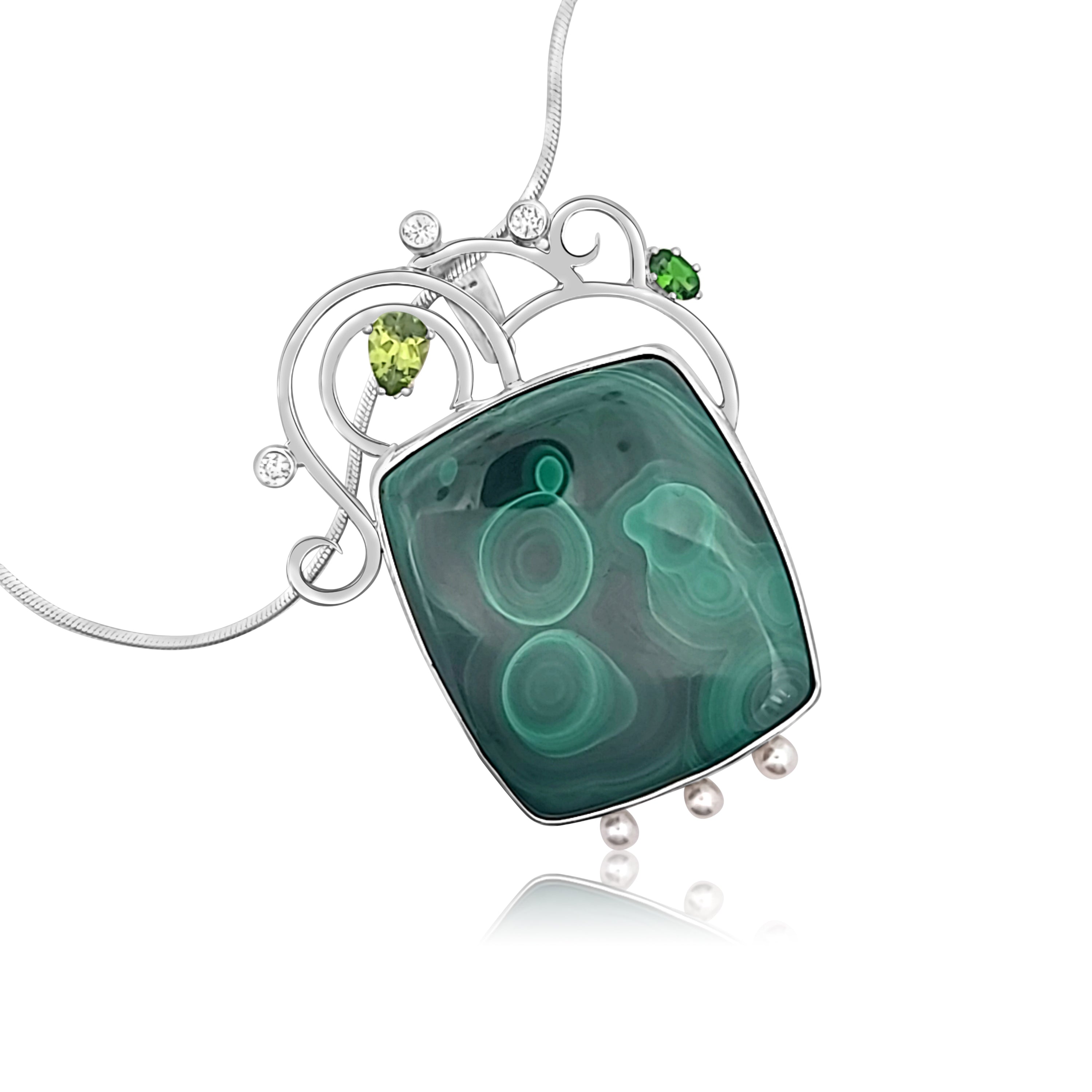 Malachite Pendant with Peridot, Chrome Diopside, Cubic Zirconia and Freshwater Pearls.