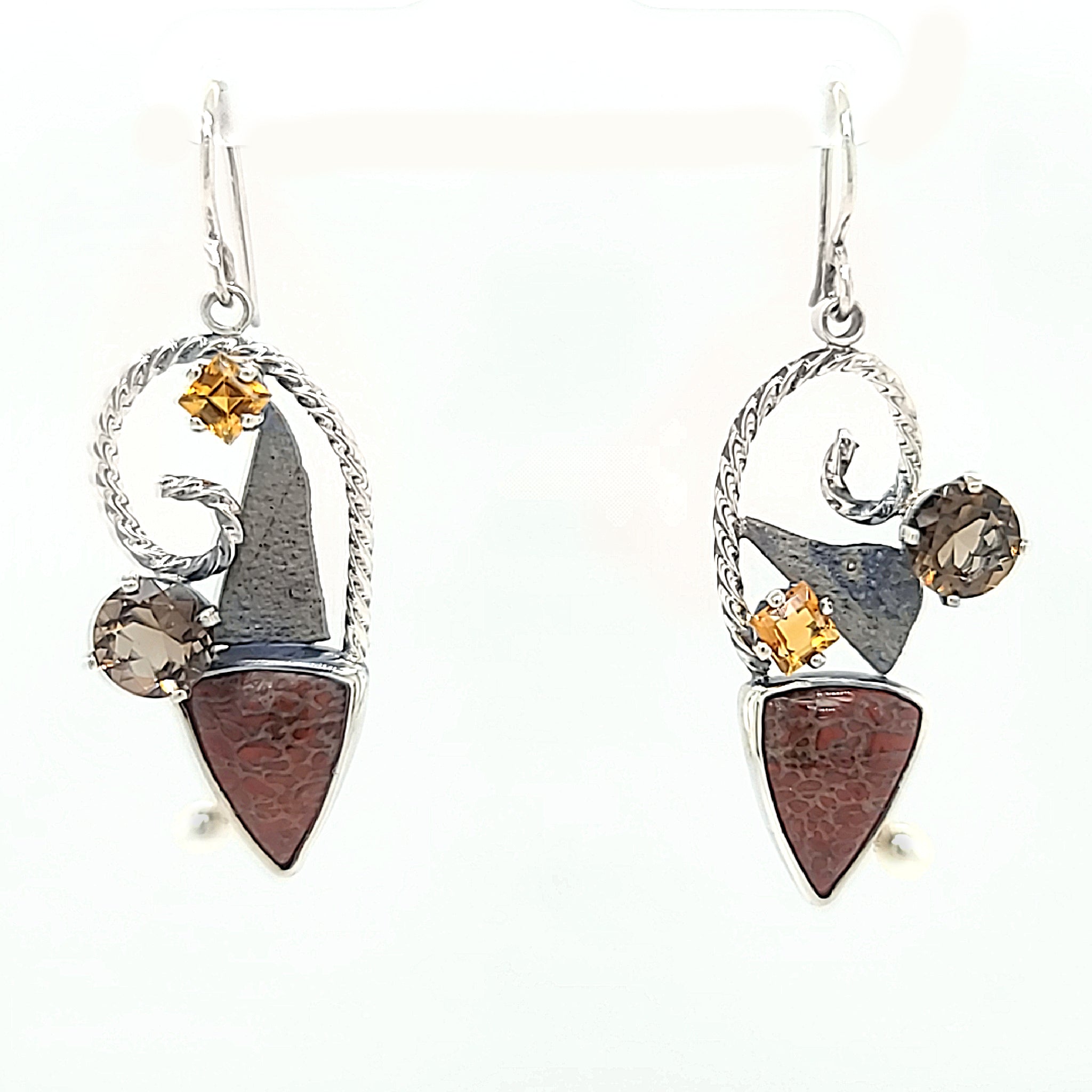 Agatized Dinosaur Bone with Citrine, Smoky Quartz and Freshwater Pearls. Set in Sterling Silver with Shibuichi earrings.
