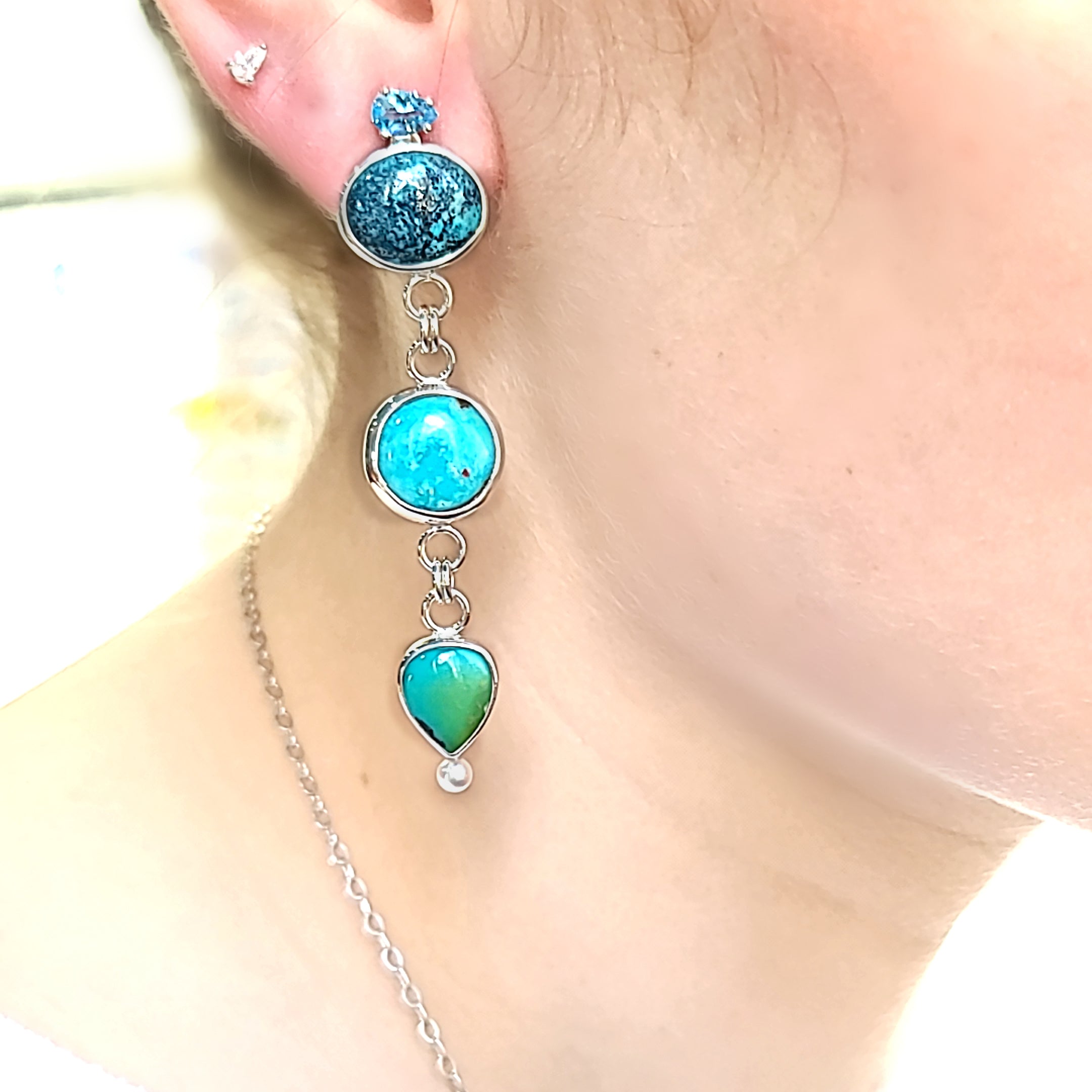 Model wearing Sterling Silver, Turquoise, Freshwater Pearls and Blue Topaz Earrings