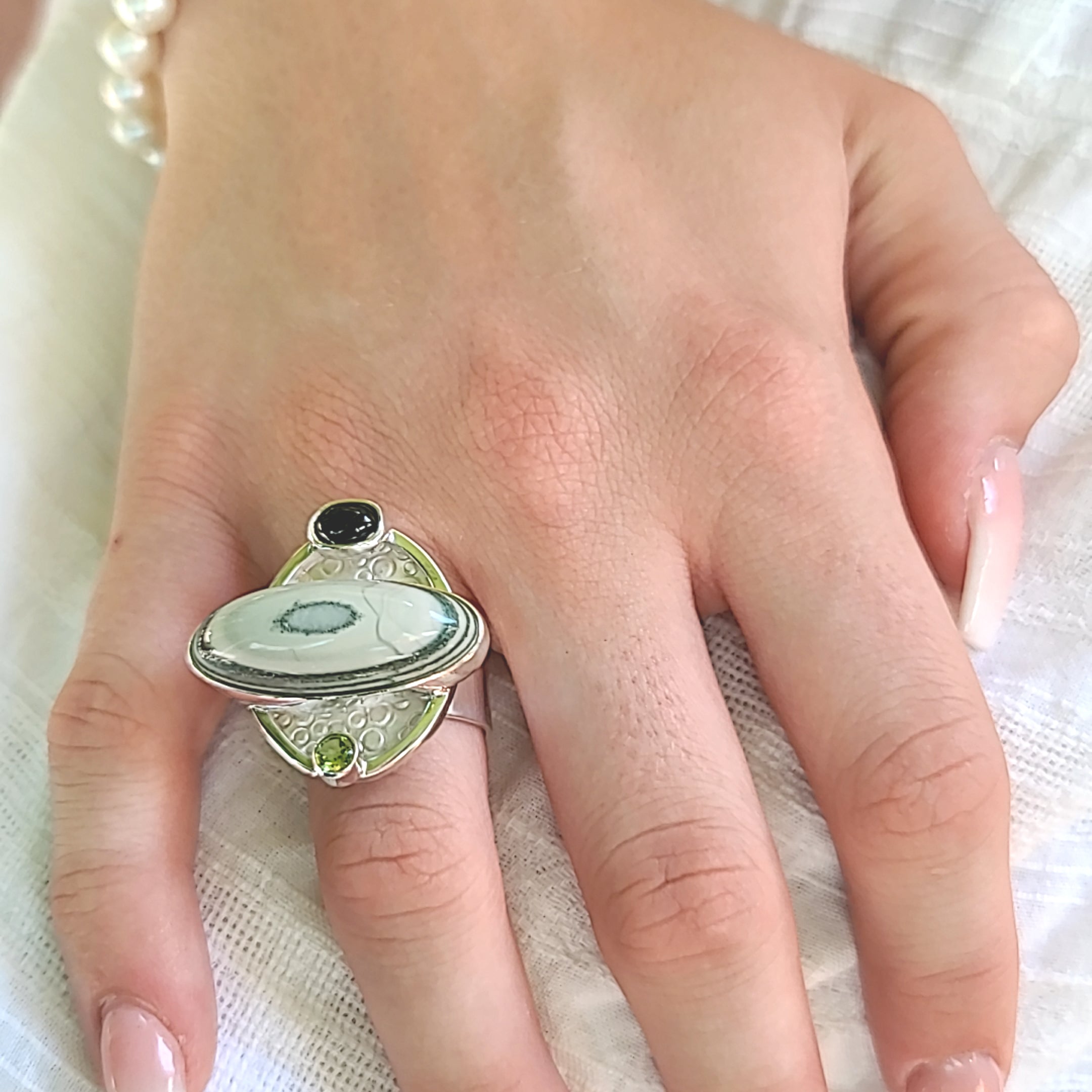Green Saturn Chalcedony Ring with Green Tourmaline and Peridot