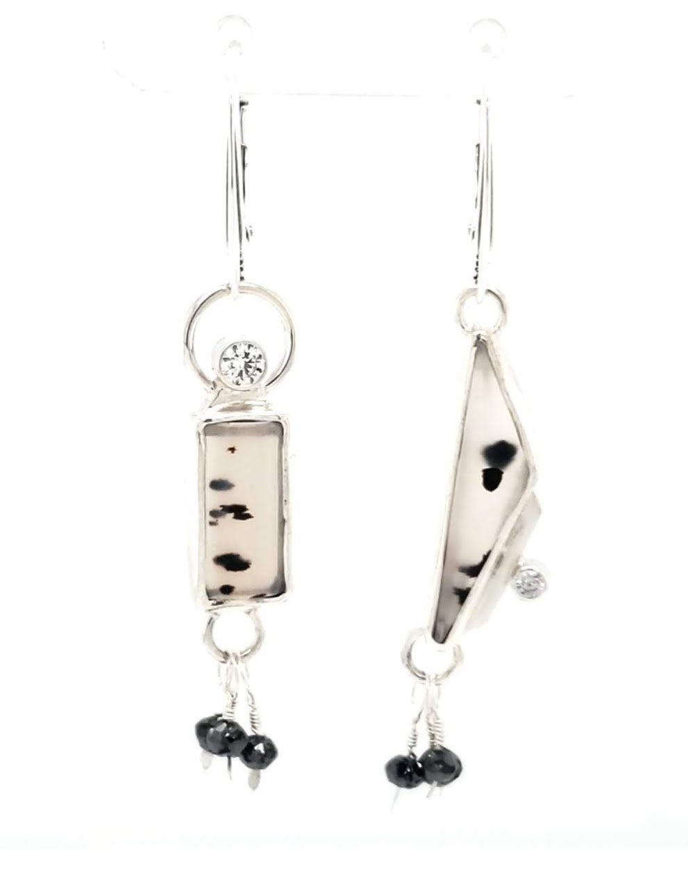 Montana Agate+Cubic Zirconia+Black Diamonds+Sterling Silver+Asymmetric+Leverbacks