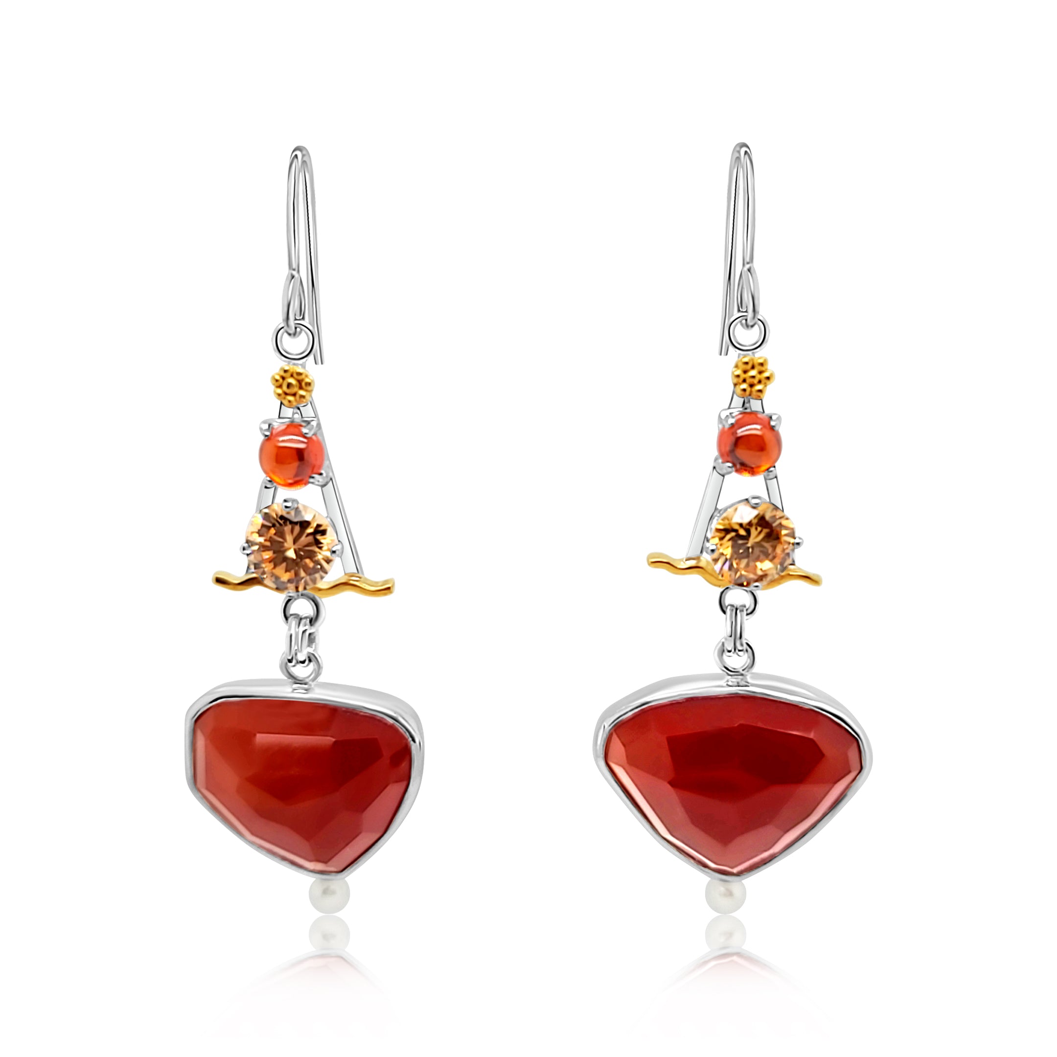 Sterling Silver, Carnelian, Topaz Cubic Zirconia, Freshwater Pearls and 22k Gold accent earrings