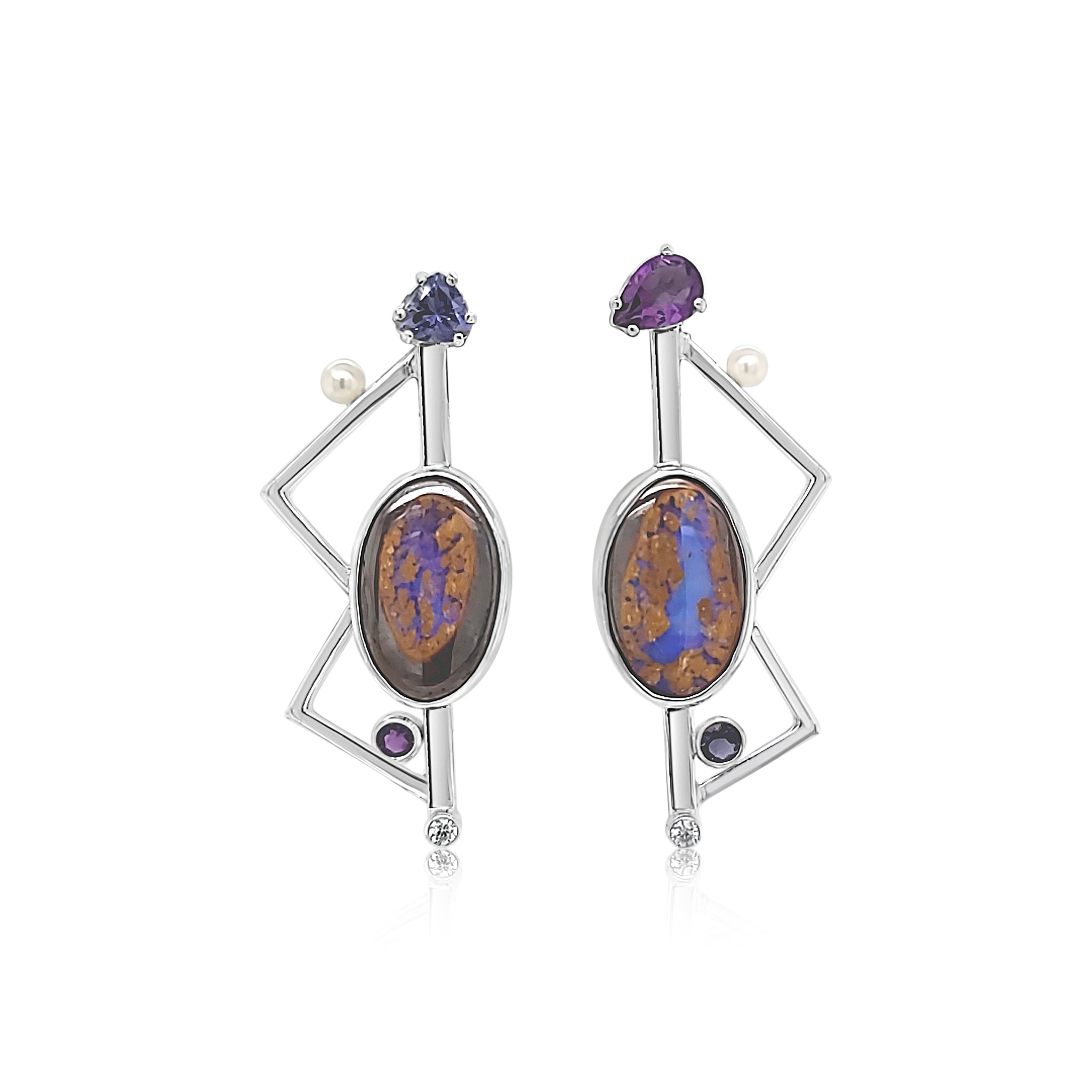 Asymmetric Australian Boulder Opal, Amethyst, Iolite, Cubic Zirconia and Freshwater Pearls set in Sterling Silver.