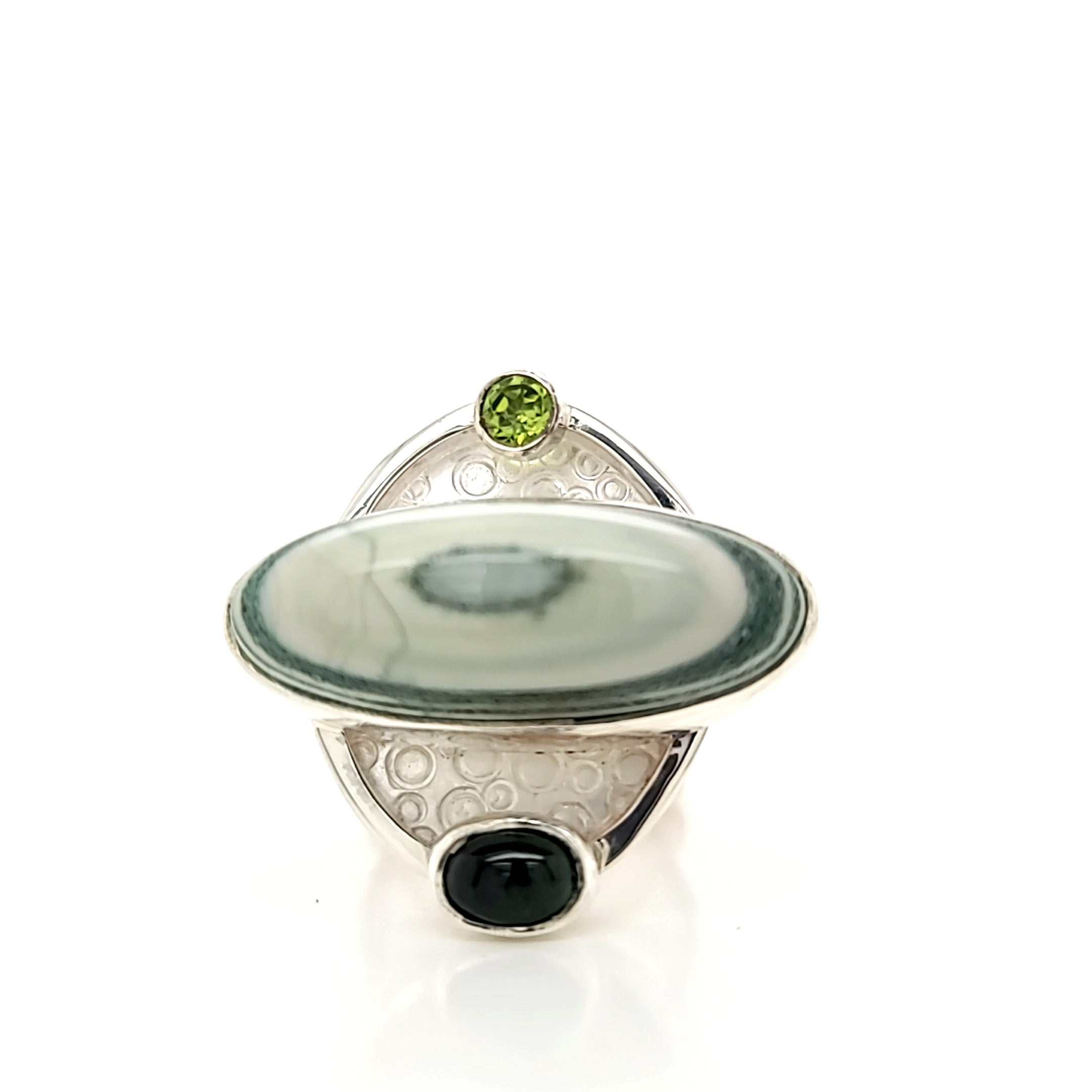 Green Saturn Chalcedony Ring with Green Tourmaline and Peridot