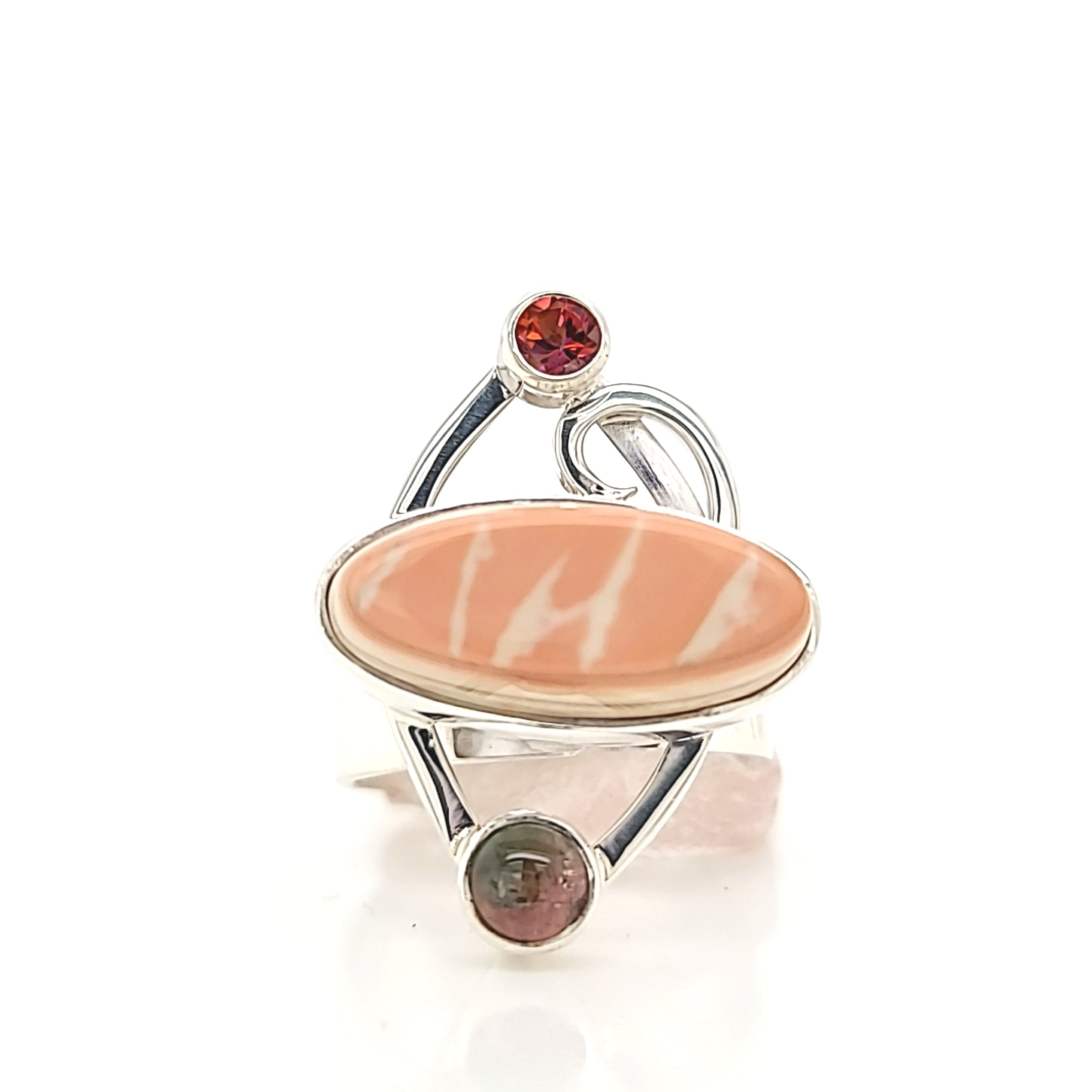 Peach Saturn Chalcedony with Tourmaline and Twilight Topaz Ring