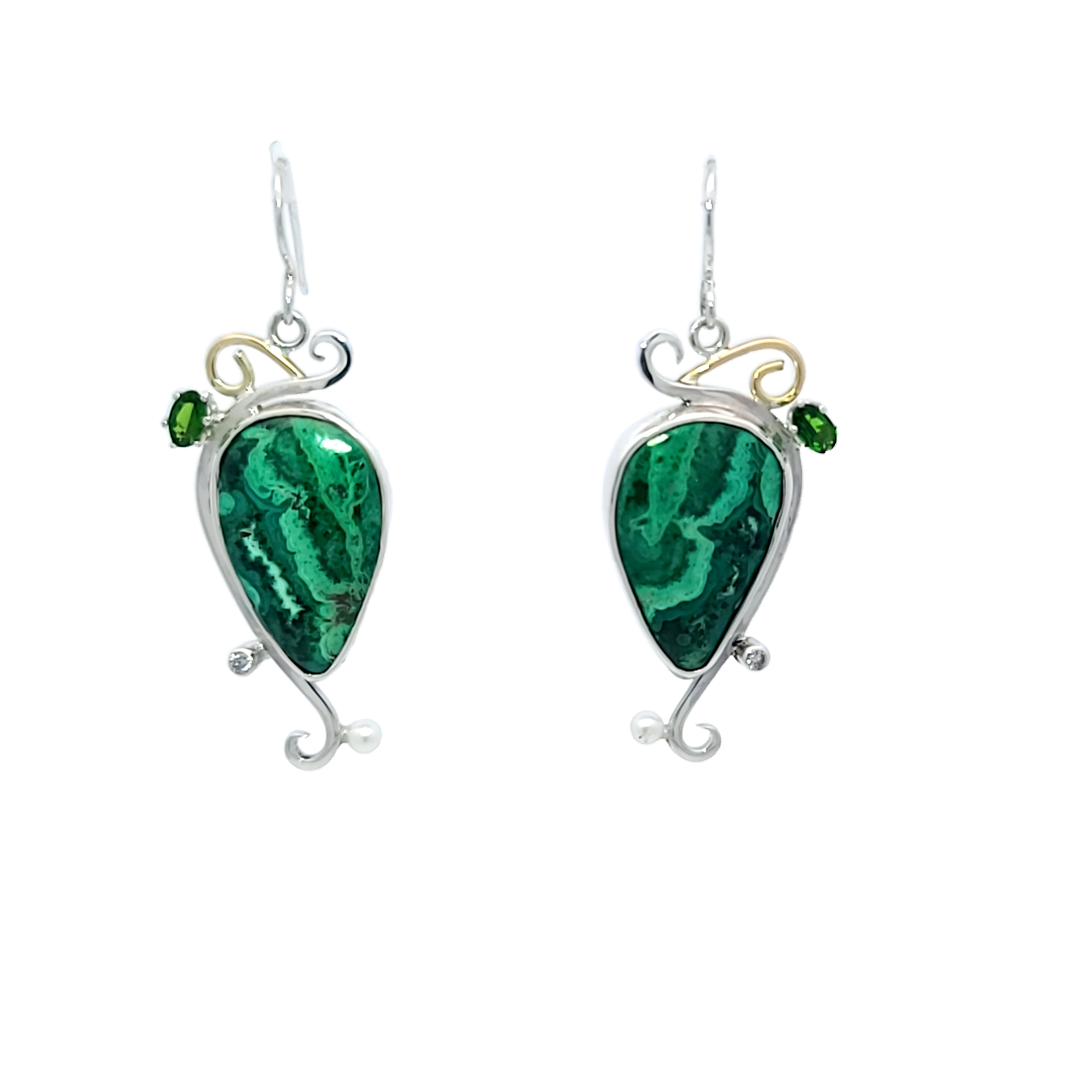 Flowering Malachite, Chrome Diopside, Cubic Zirconia with 22k Gold earrings