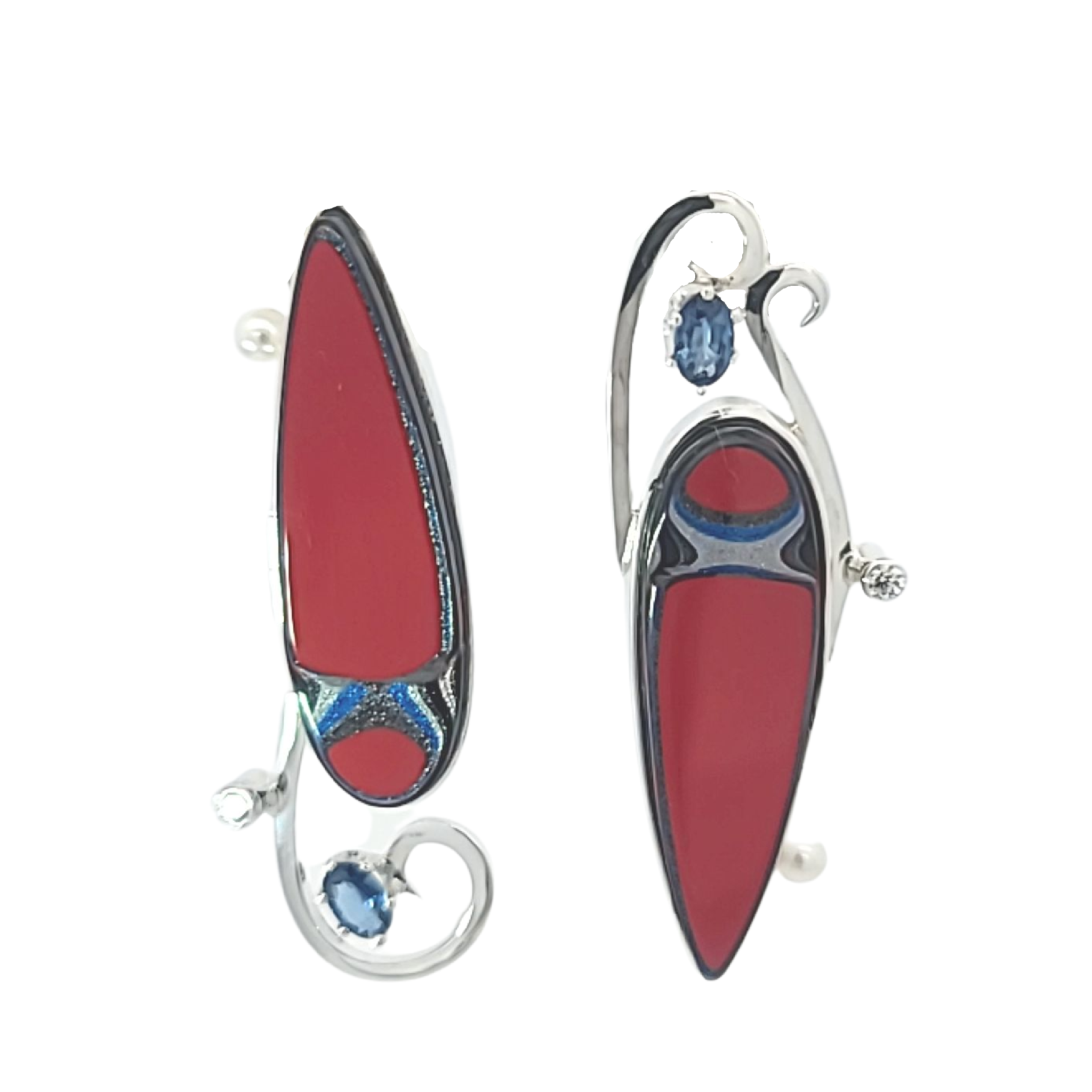 Fordite, Blue Sapphire, Cubic Zirconia and Freshwater Pearl Earrings