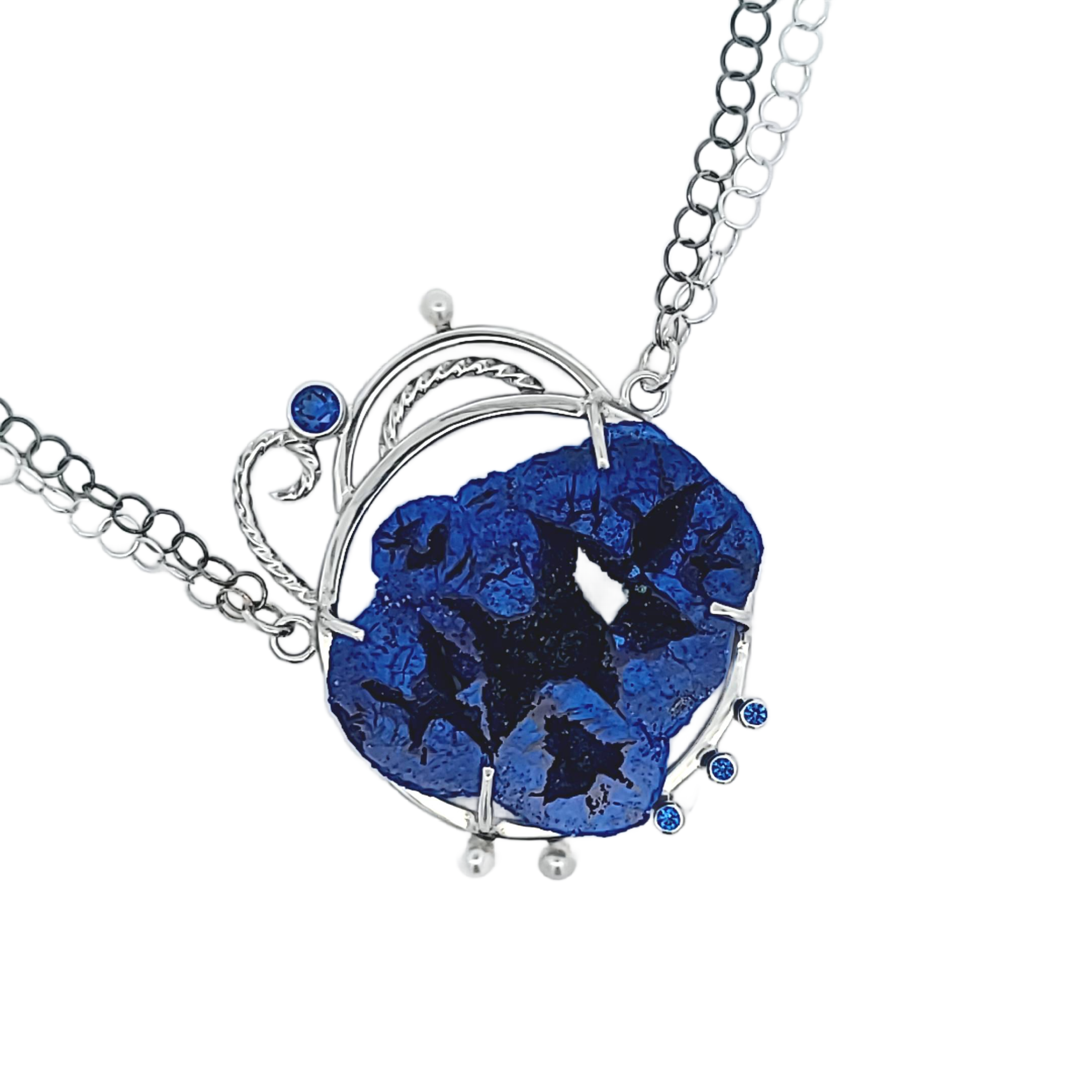Azurite, Sapphire Cubic Zirconia and Freshwater Pearl Pendant