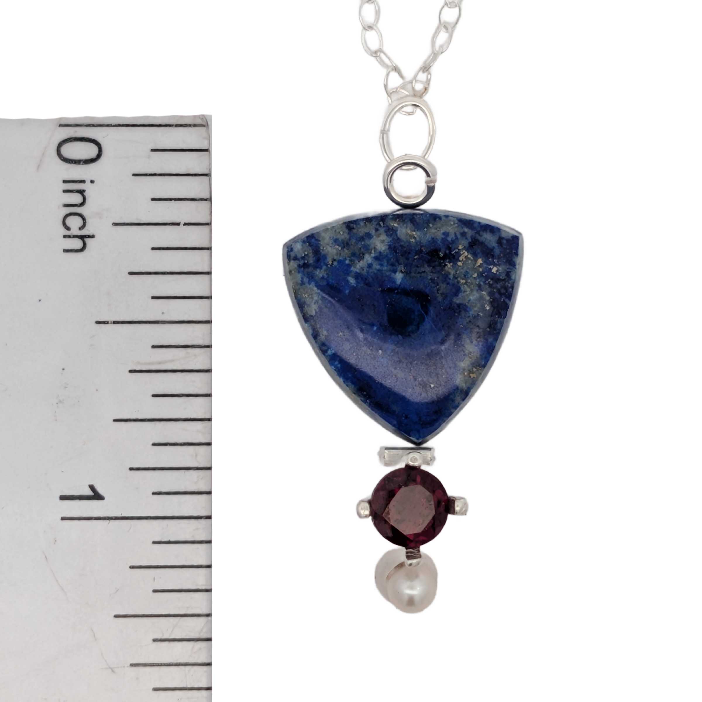Lapis, Garnet and Freshwater Pearl Pendant with 16 inch chain