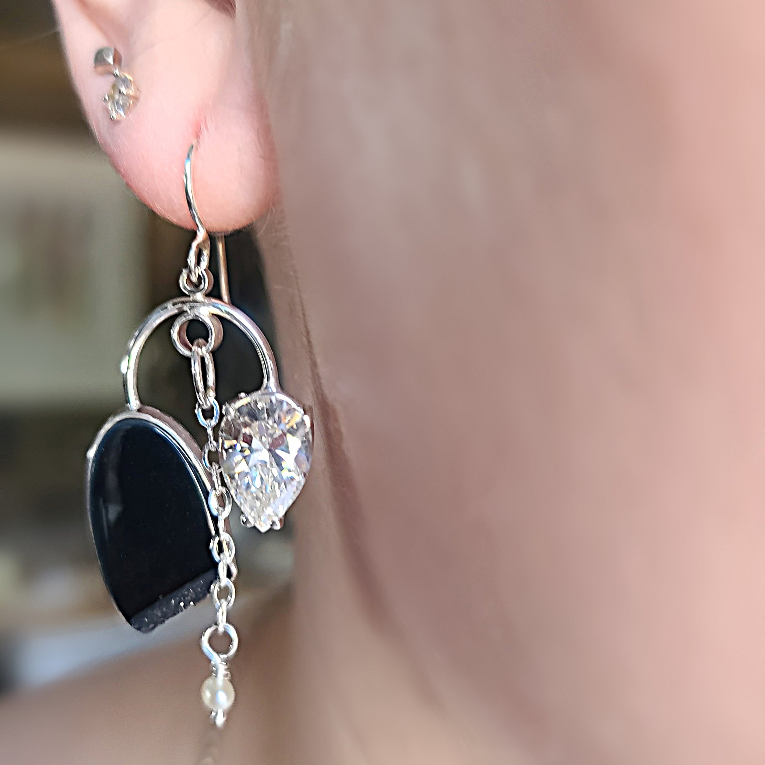 Black Onyx, Pear Shaped Cubic Zirconia and Freshwater Pearl Earrings
