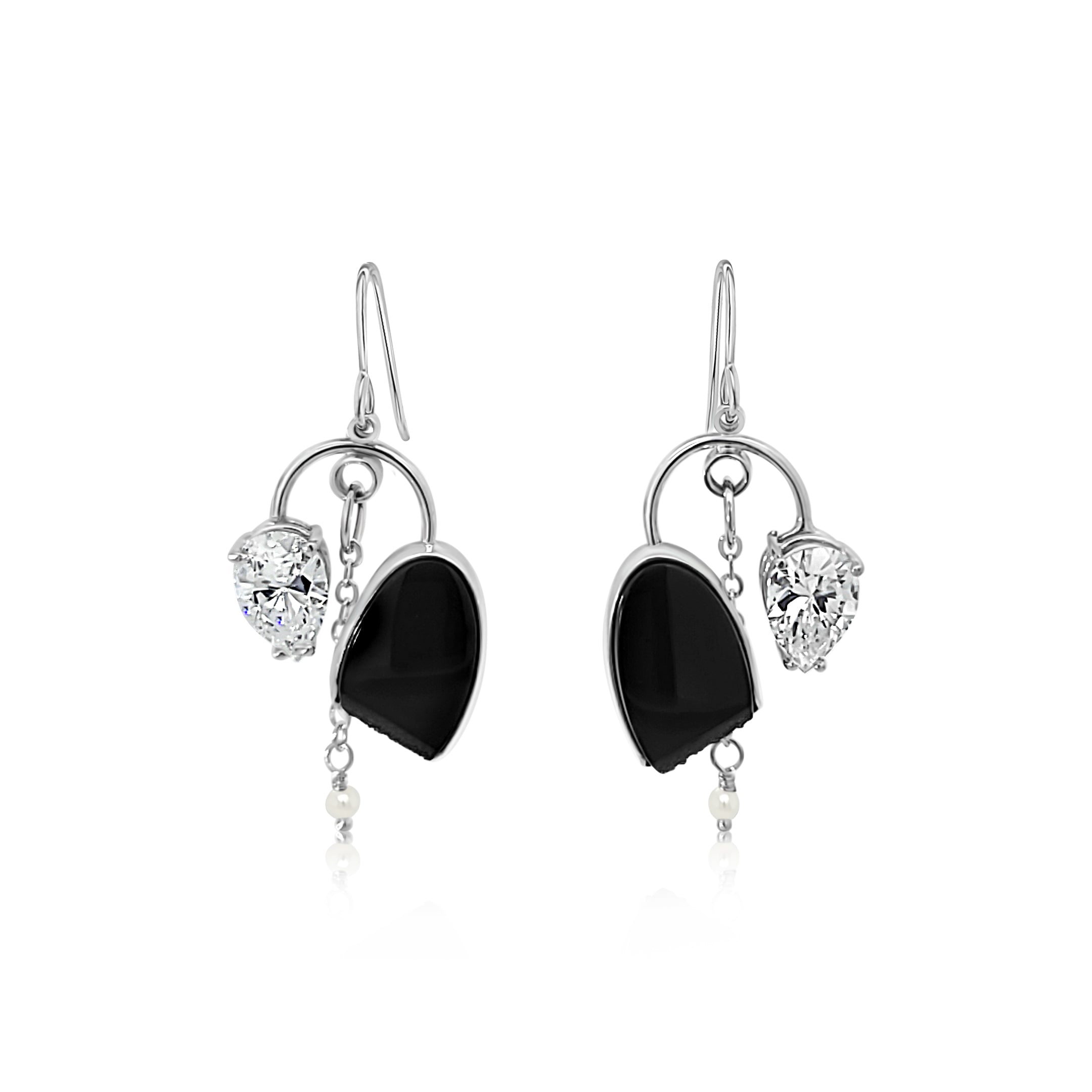 Black Onyx, Pear Shaped Cubic Zirconia and Freshwater Pearl Earrings