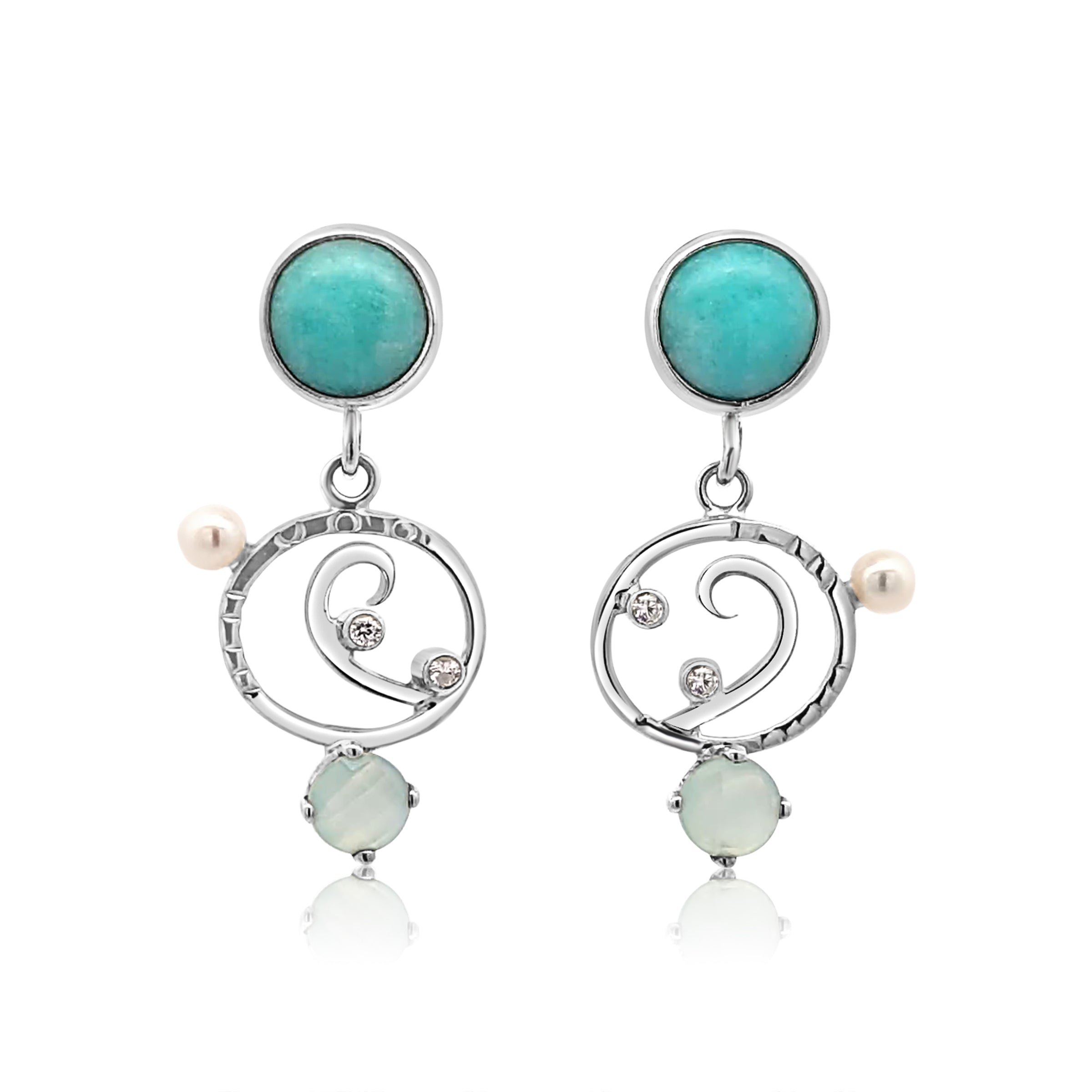 Amazonite earrings set in Sterling Silver with Chalcedony, Cubic Zirconia and Freshwater Pearls.