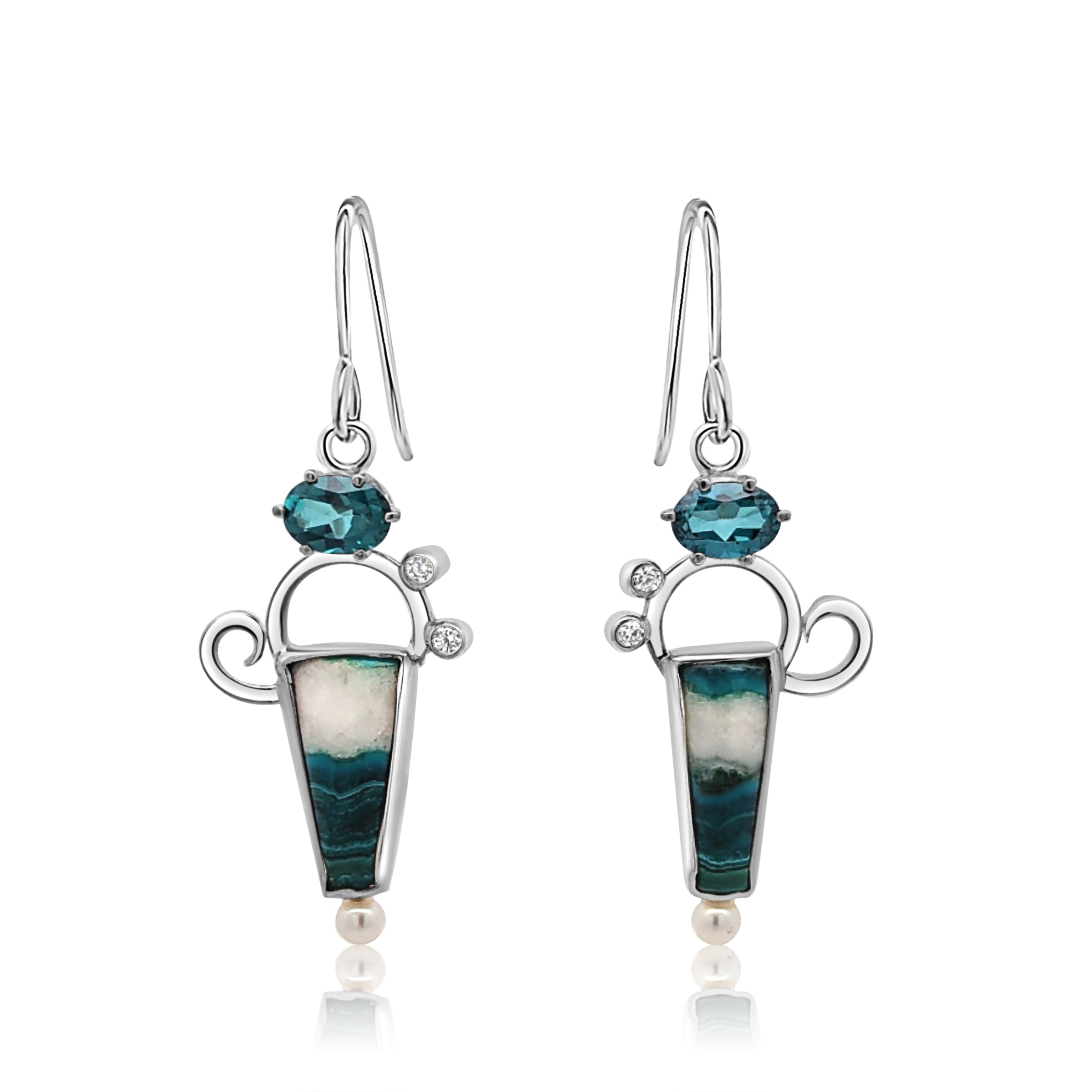 Malachite/Azurite, Blue Topaz, Cubic Zirconia and Freshwater Pearl earrings set in Sterling Silver.