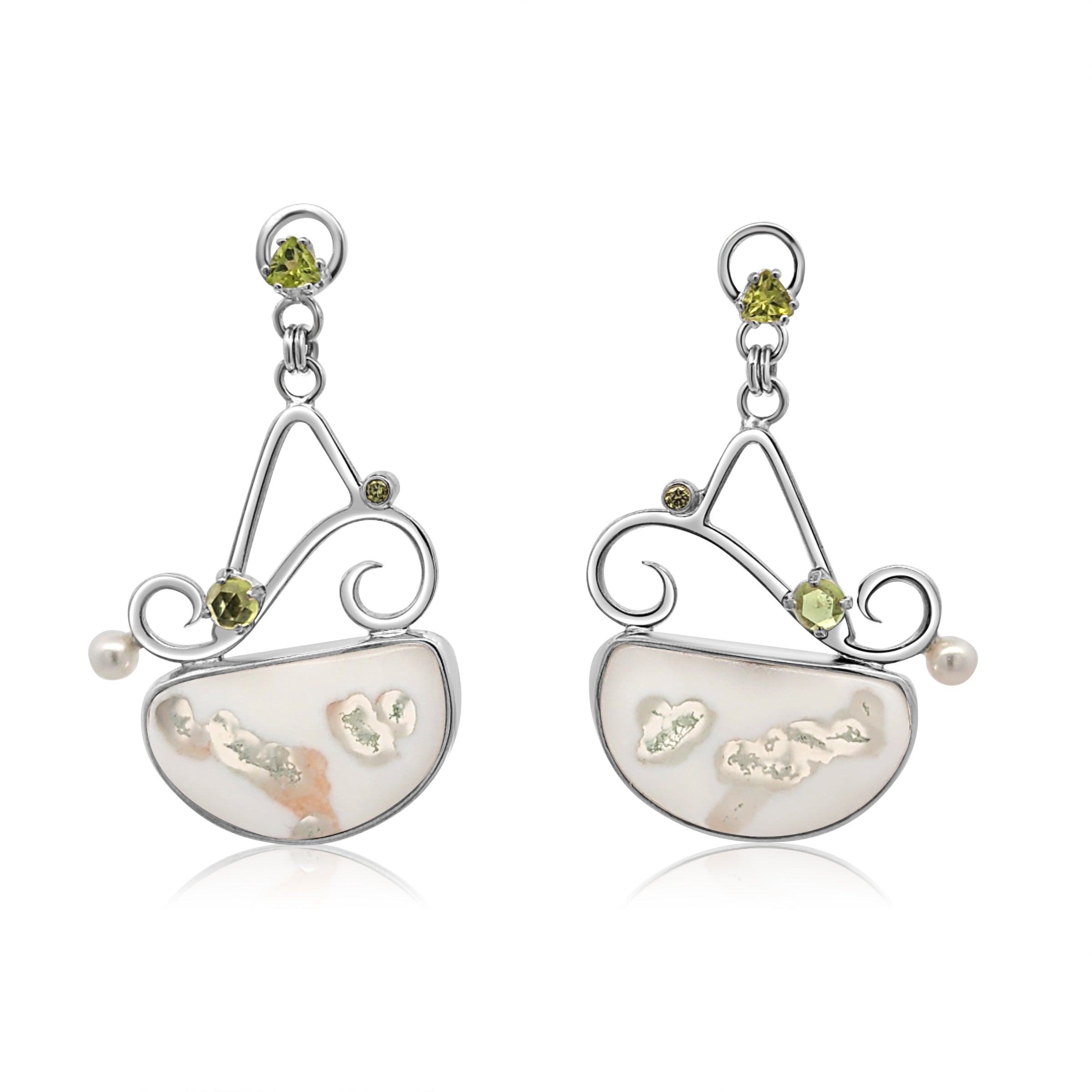 Solar Quartz, Peridot, Cubic Zirconia and Freshwater Pearl earrings set in Sterling Silver.