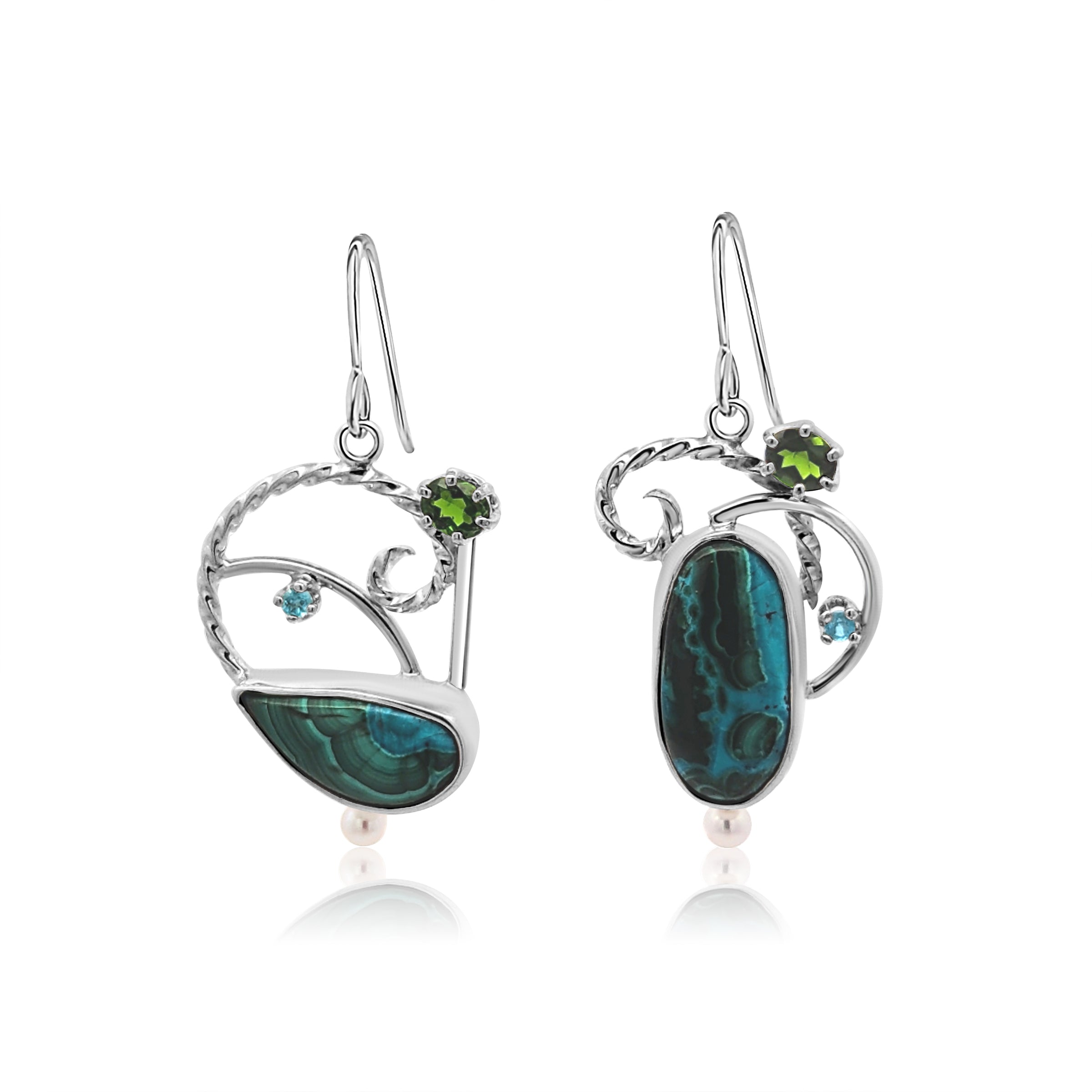 Malachite/Chrysocolla, Chrome Diopside, Apatite and Freshwater Pearl earrings set in Sterling Silver.