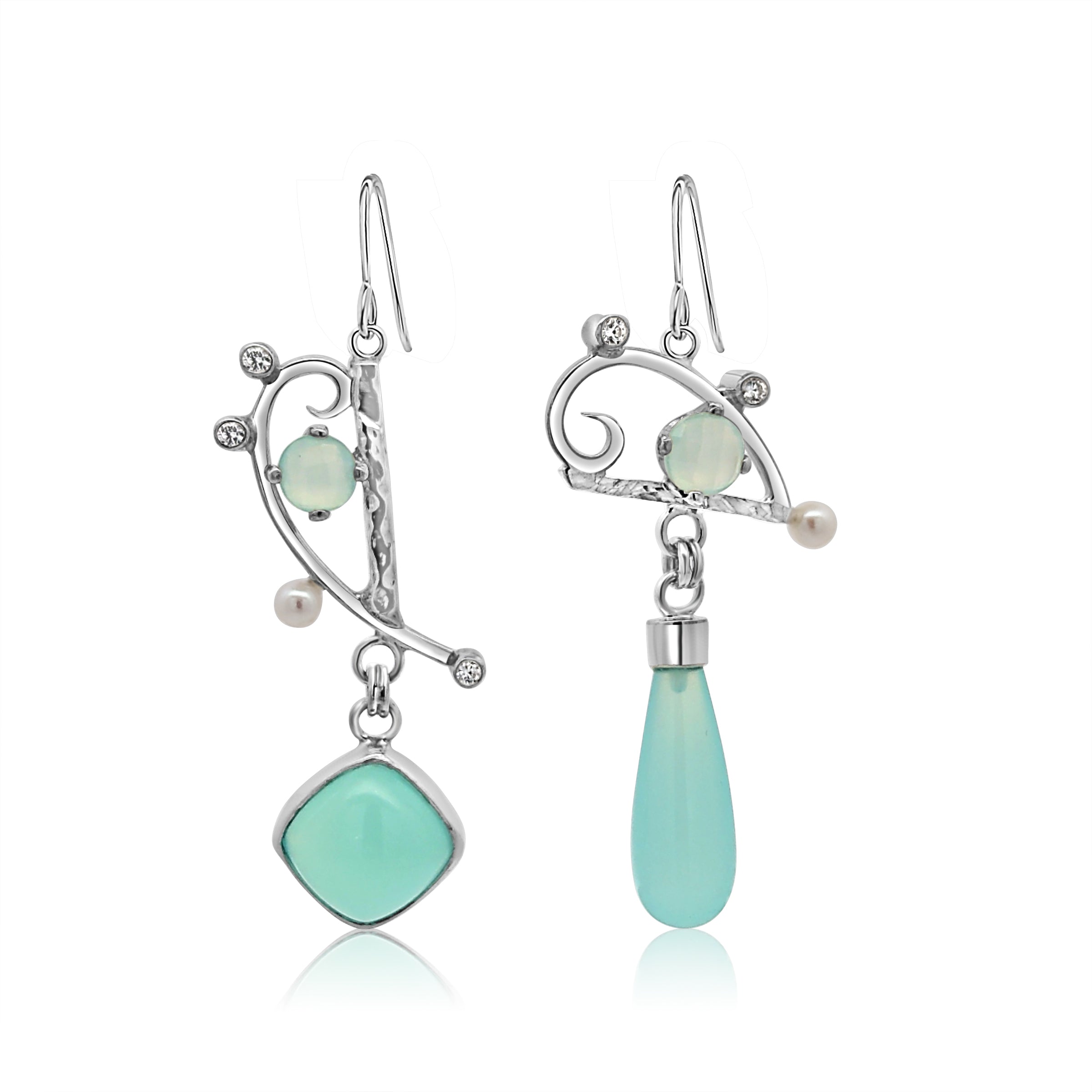 Chalcedony, Cubic Zirconia and Freshwater Pearl earrings set in Sterling Silver.