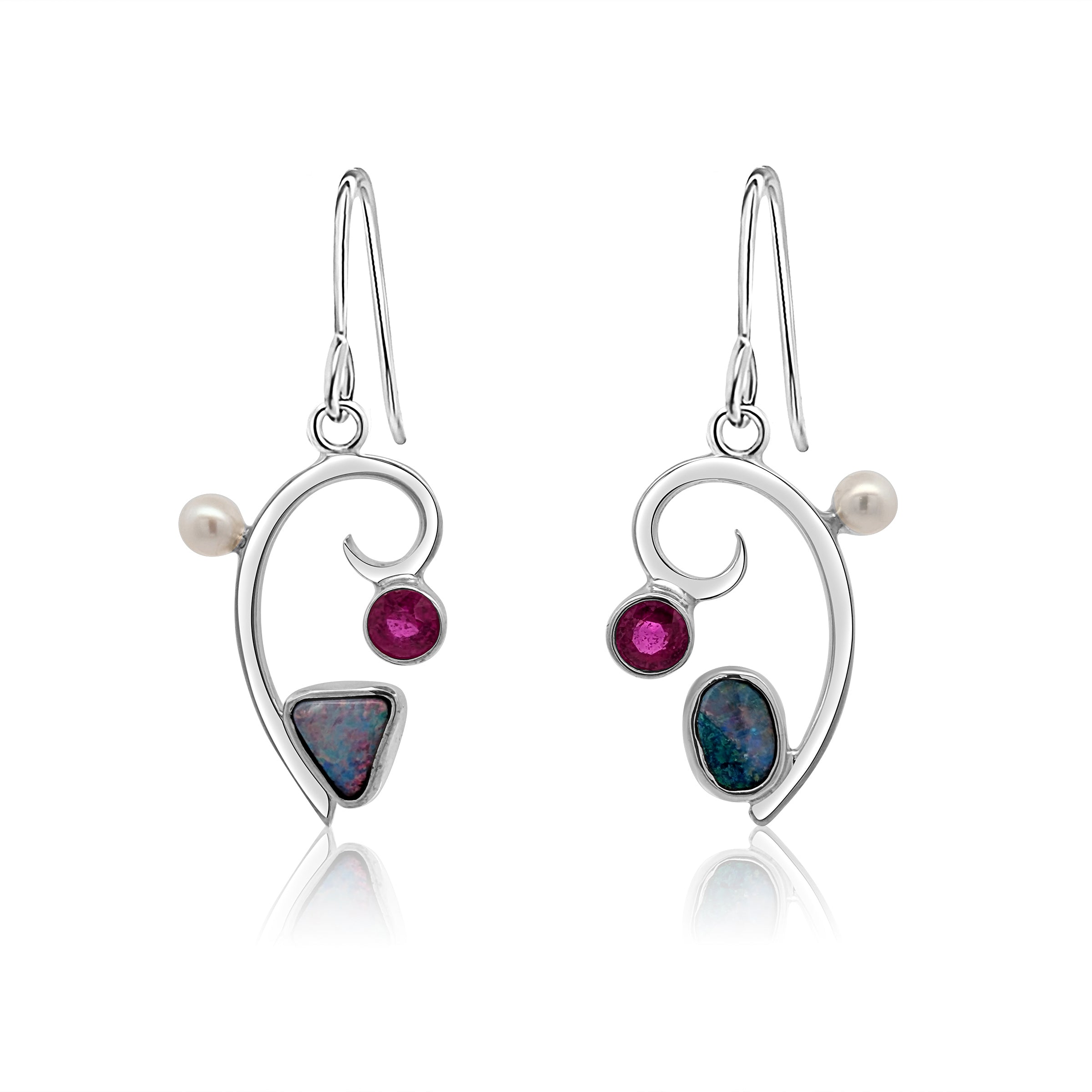 Asymmetric Sterling Silver earrings with Opal doublet, Madagascar Ruby and Freshwater Pearls.