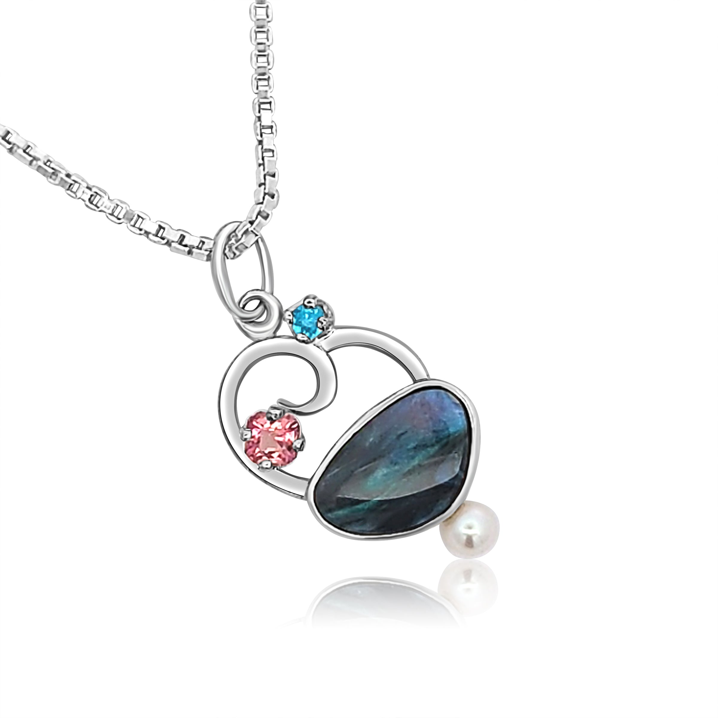 Opal, Apatite, Pink Tourmaline and Freshwater Pearl Pendant set in Sterling Silver with 18 inch Sterling Silver chain.