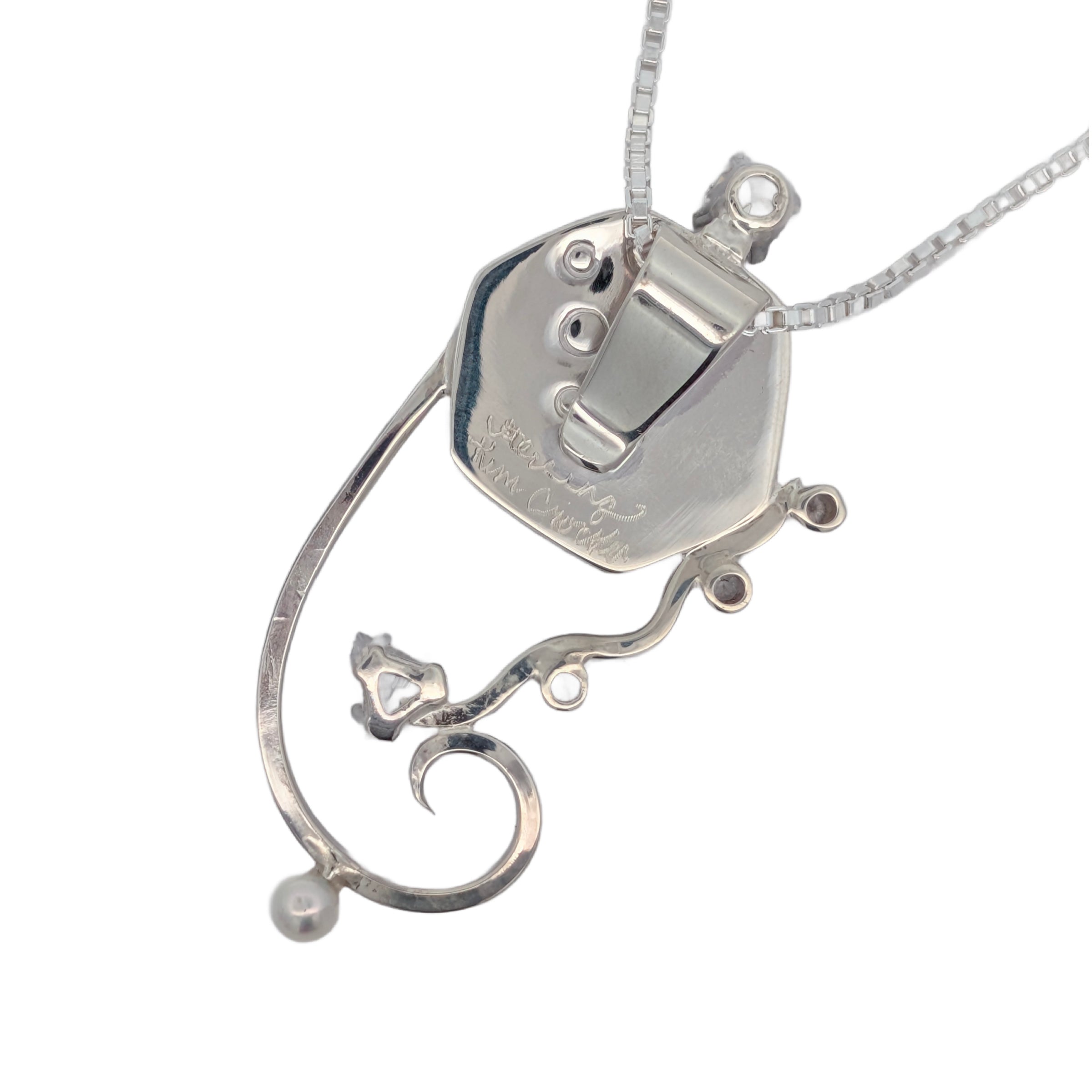 Back of Sterling Silver pendant with Platinum Jasper, Cubic Zirconia and Freshwater Pearls, includes an 18 inch Sterling Silver box chain.