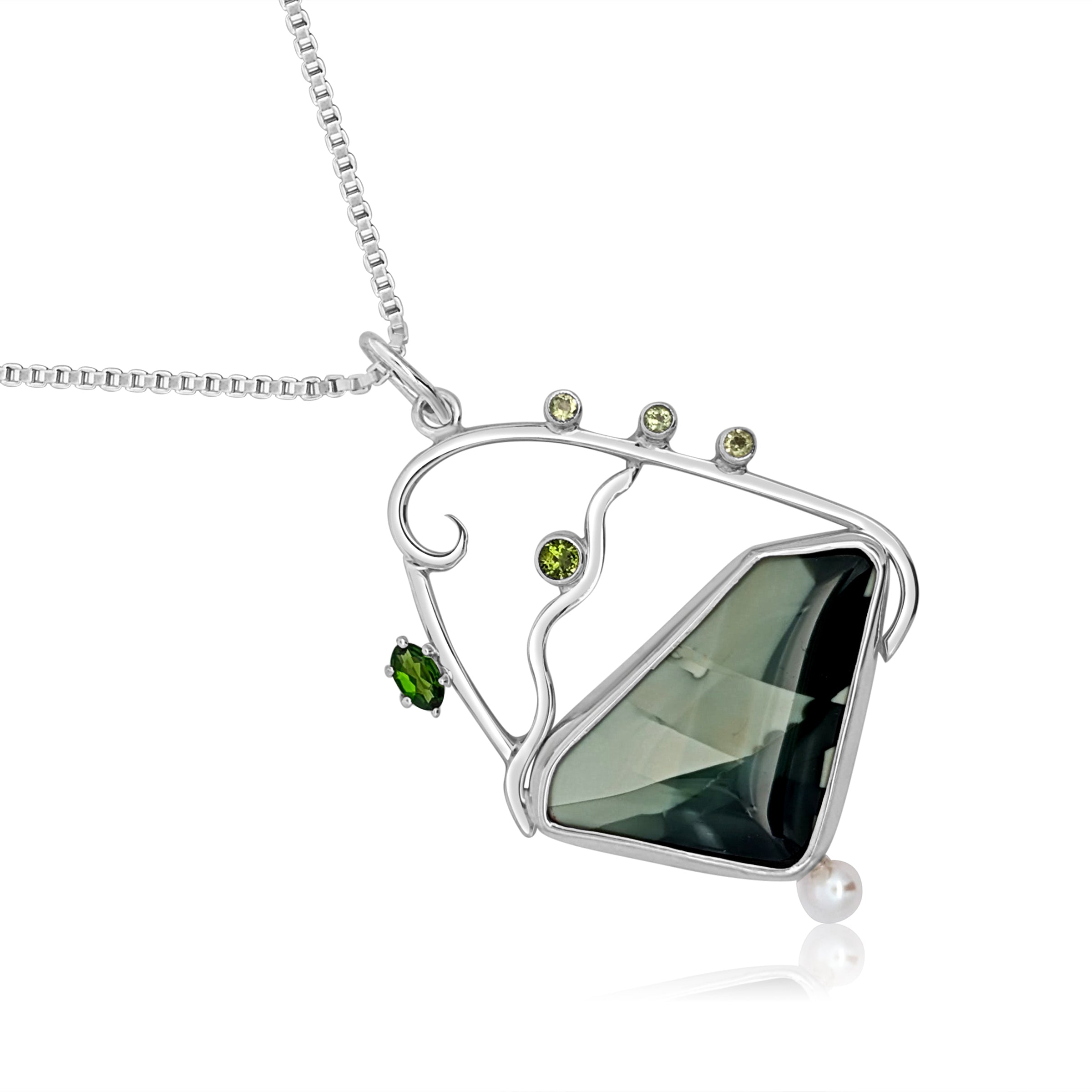 Sterling Silver Pendant with Green Imperial Jasper, Chrome Diopside, Green Cubic Zirconia, Peridot and Freshwater Pearl, includes 18 inch Sterling Silver box chain.