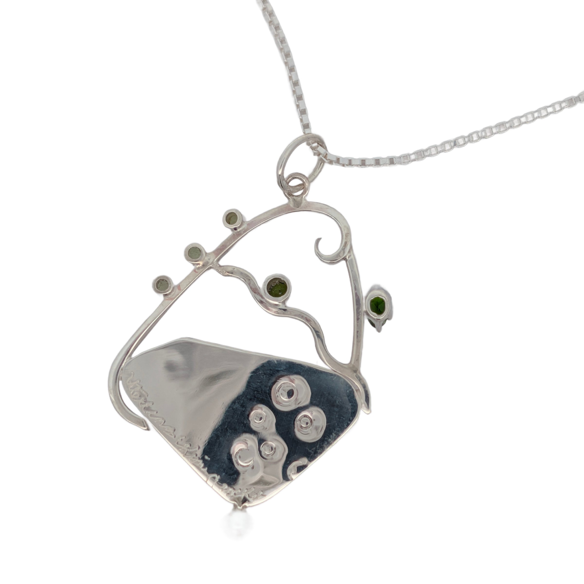 Back of Sterling Silver Pendant with Green Imperial Jasper, Chrome Diopside, Green Cubic Zirconia, Peridot and Freshwater Pearl, includes 18 inch Sterling Silver box chain.