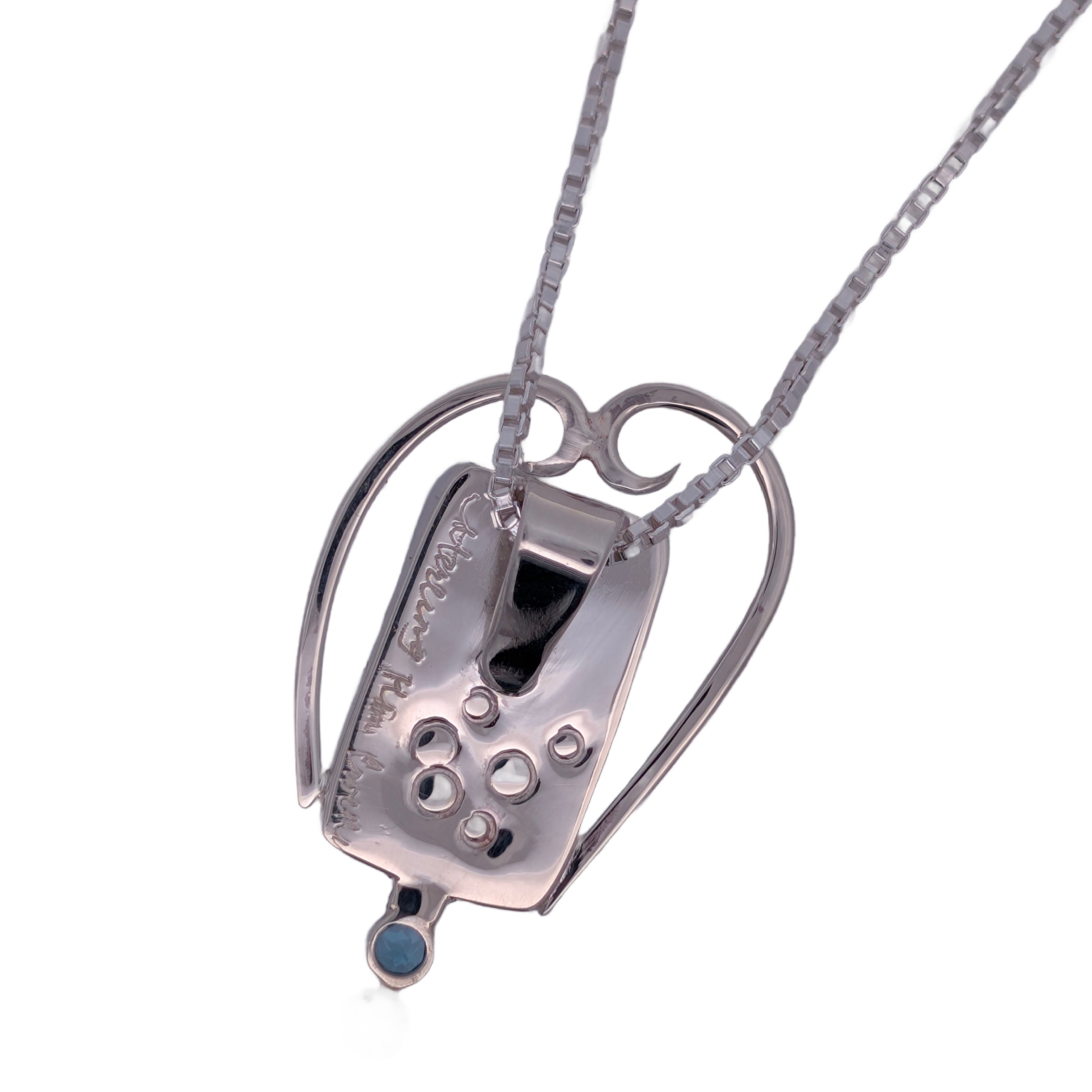 Back of Sterling Silver pendant with Turquoise, Swiss Blue Topaz and Freshwater Pearl, includes an 18 inch Sterling Silver box chain.
