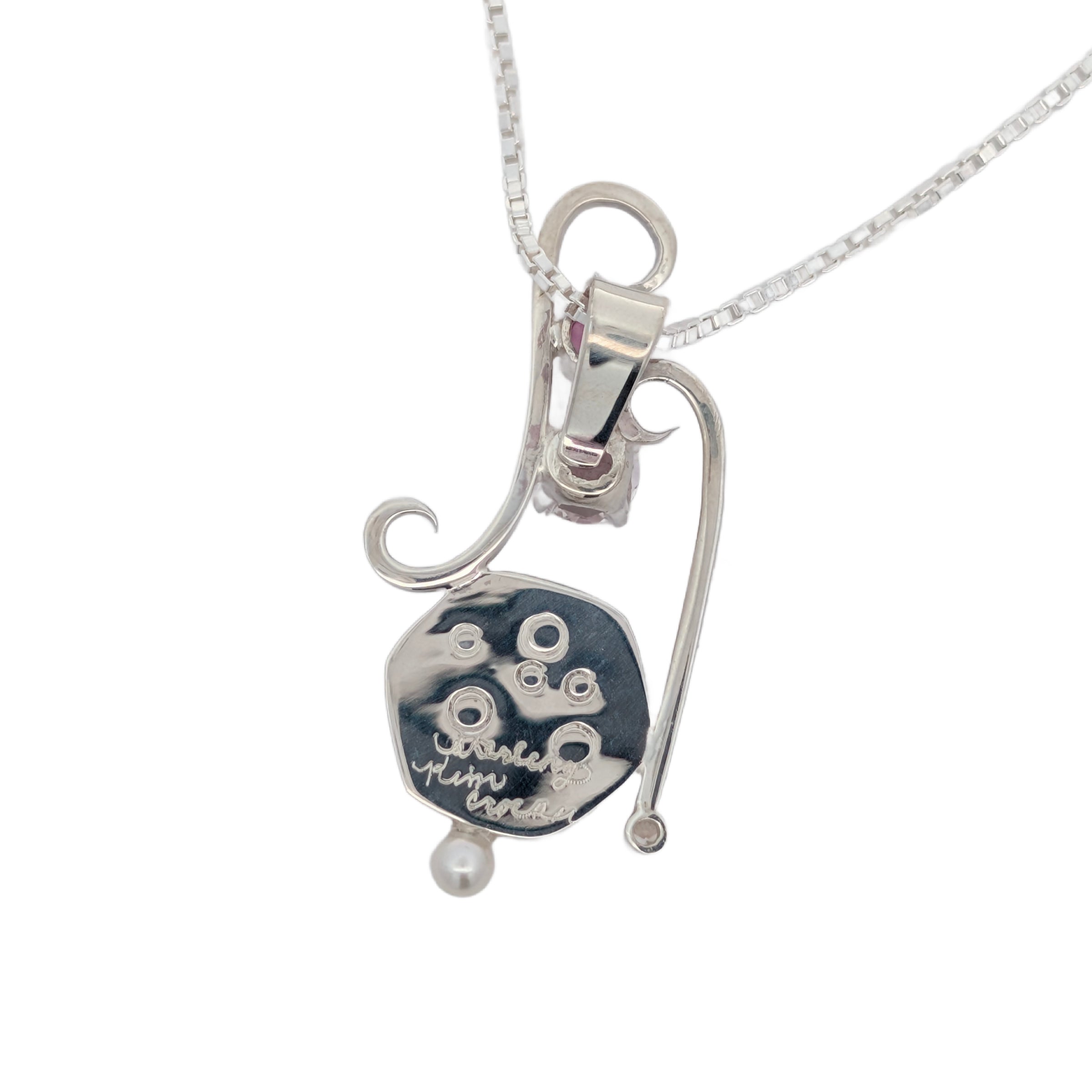 Back of Sterling Silver pendant with Thompsonite, Pink Tourmaline, Pink Topaz, Cubic Zirconia and Freshwater Pearl, includes an 18 inch Sterling Silver box chain.