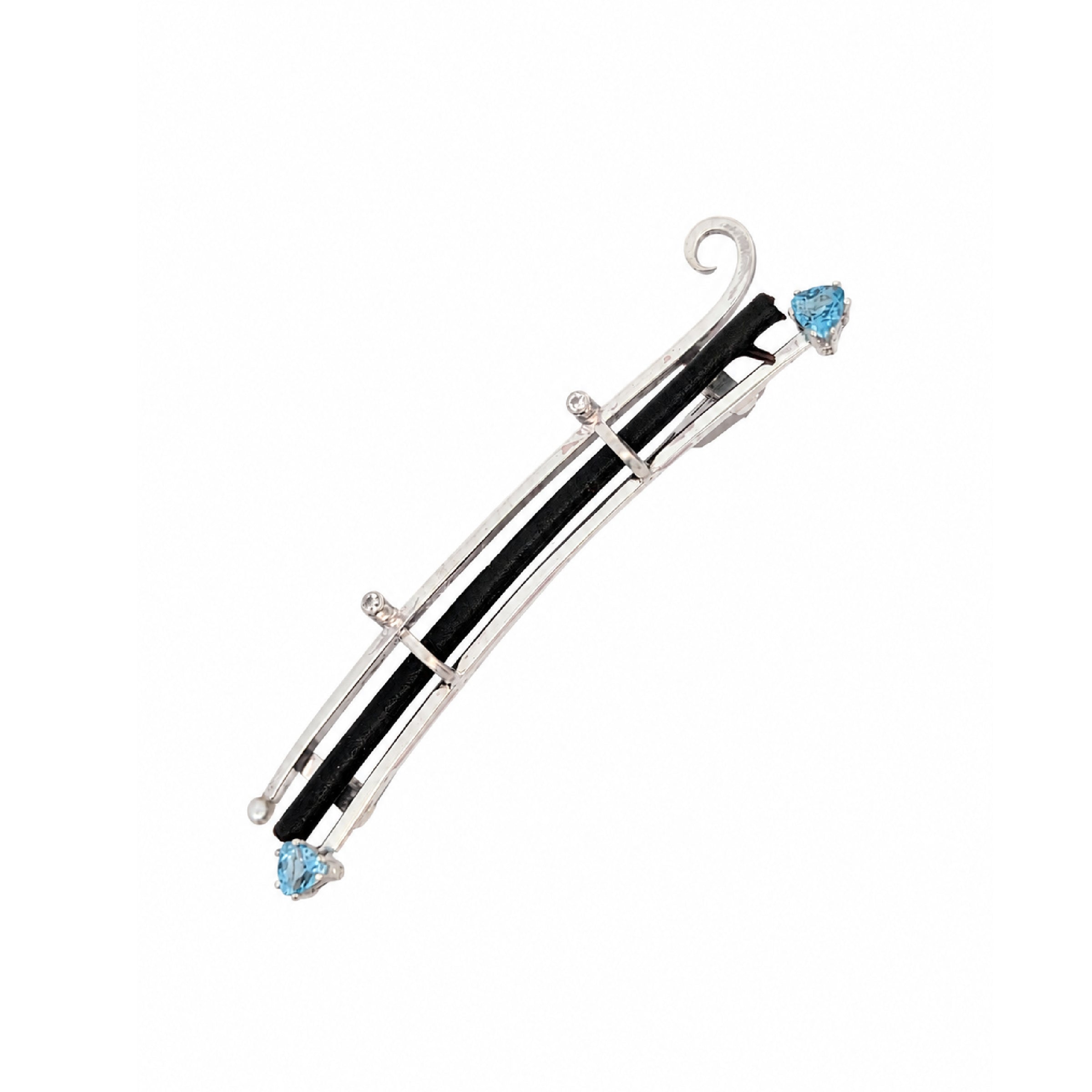 Black Coral Pin with Swiss Blue Topaz and a Freshwater Pearl