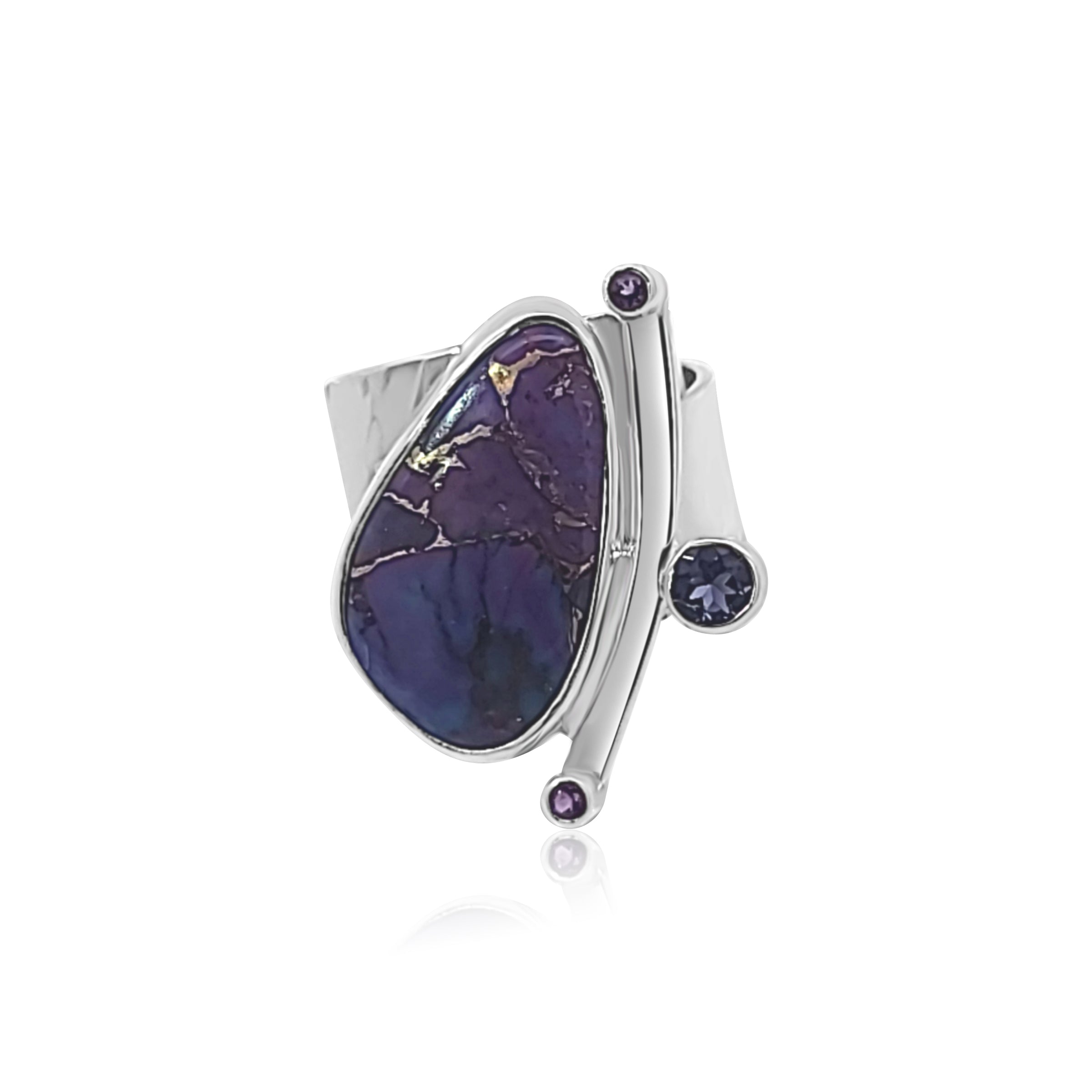 Adjustable Sterling ring with purple Mohave Turquoise, Iolite and Amethyst.