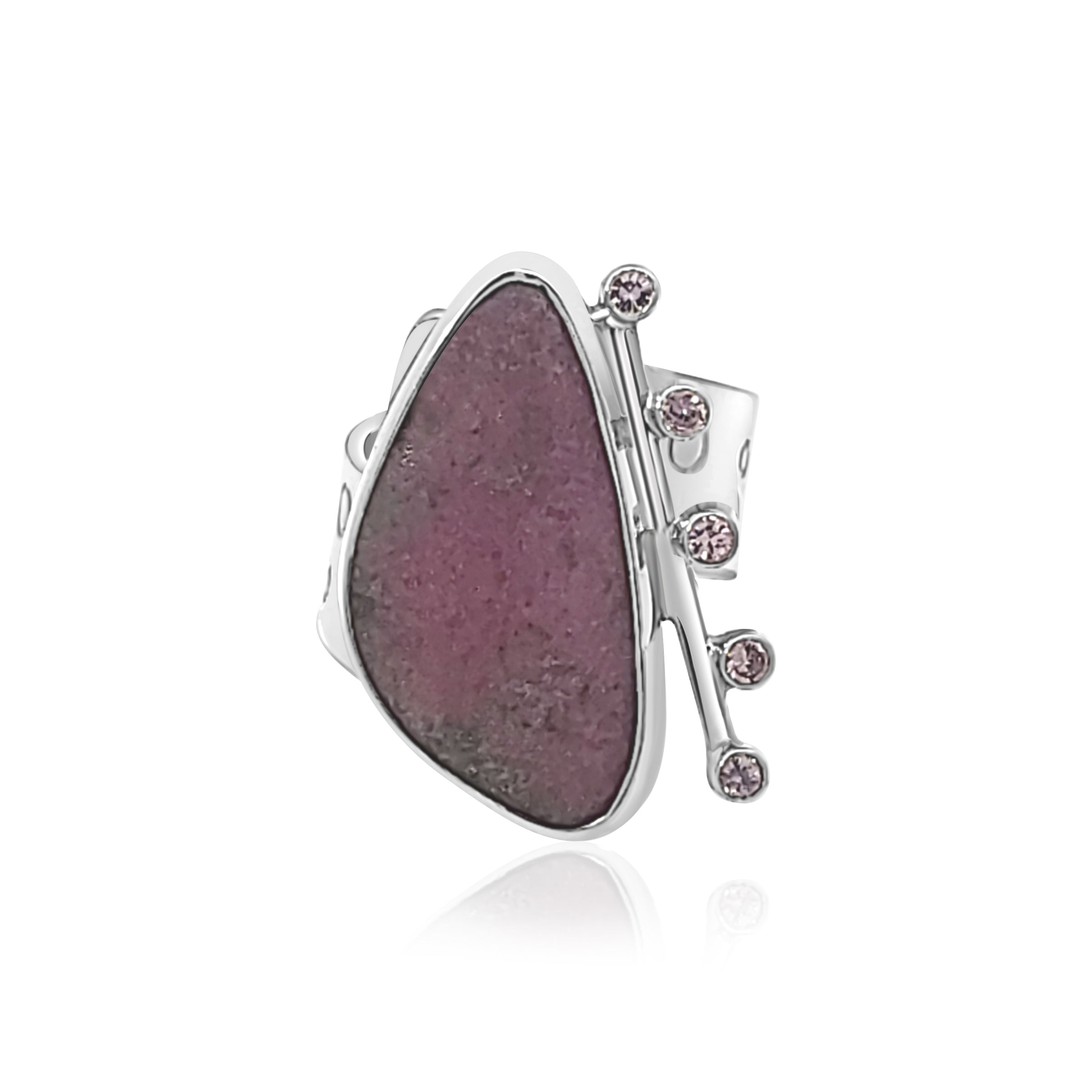 Adjustable Sterling ring with pink Cobalto Calcite and Pink Cubic Zirconia.