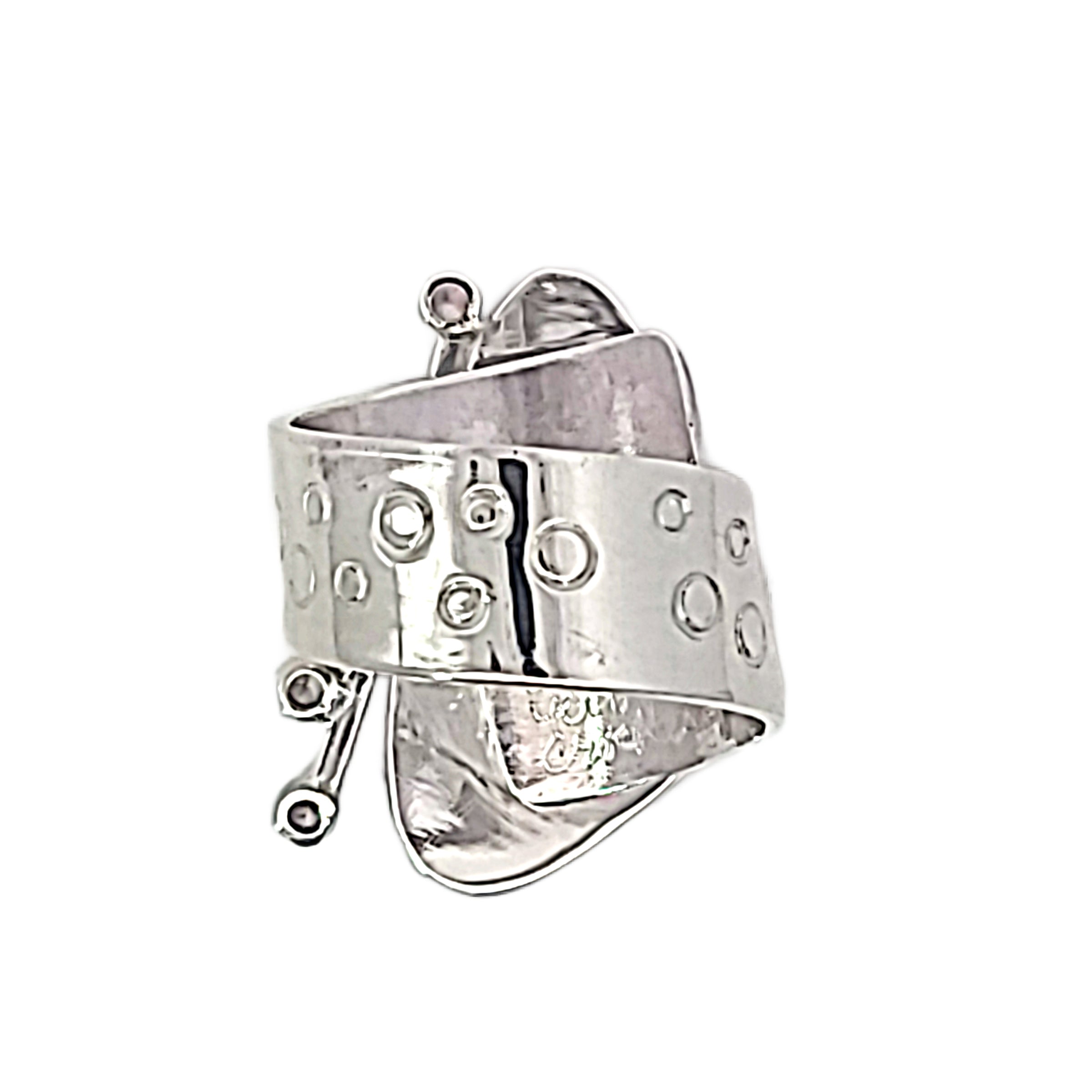 Back of djustable Sterling ring with pink Cobalto Calcite and Pink Cubic Zirconia.