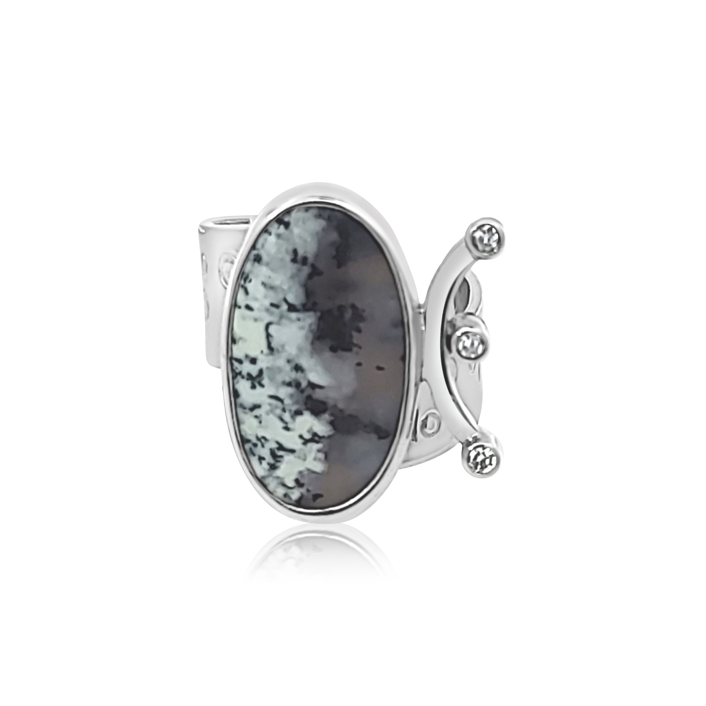 Adjustable Sterling ring with black and white Dendritic Opal and Cubic Zirconia.