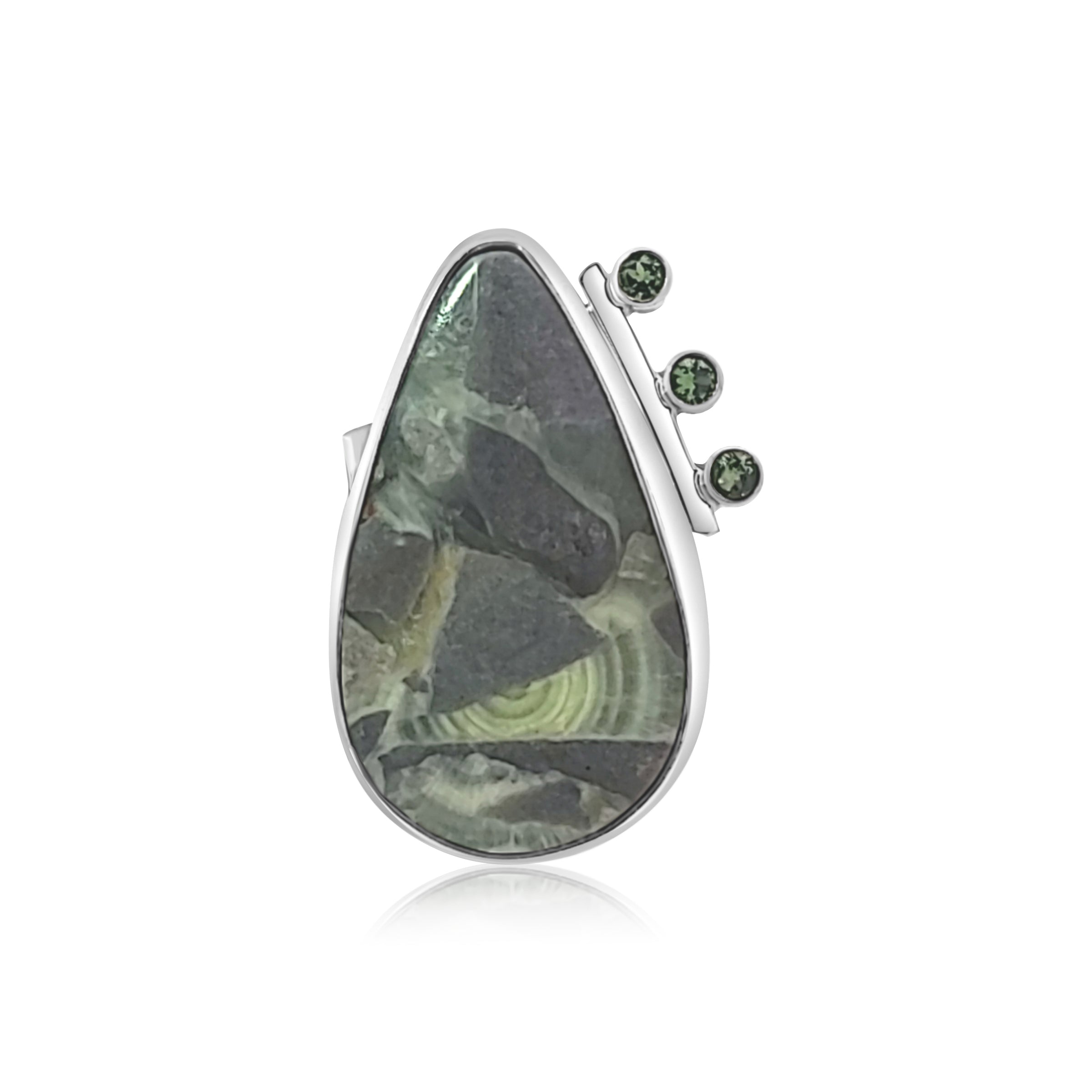 Adjustable Sterling ring with green Wavelight Jasper and Green Tourmaline Cubic Zirconia.