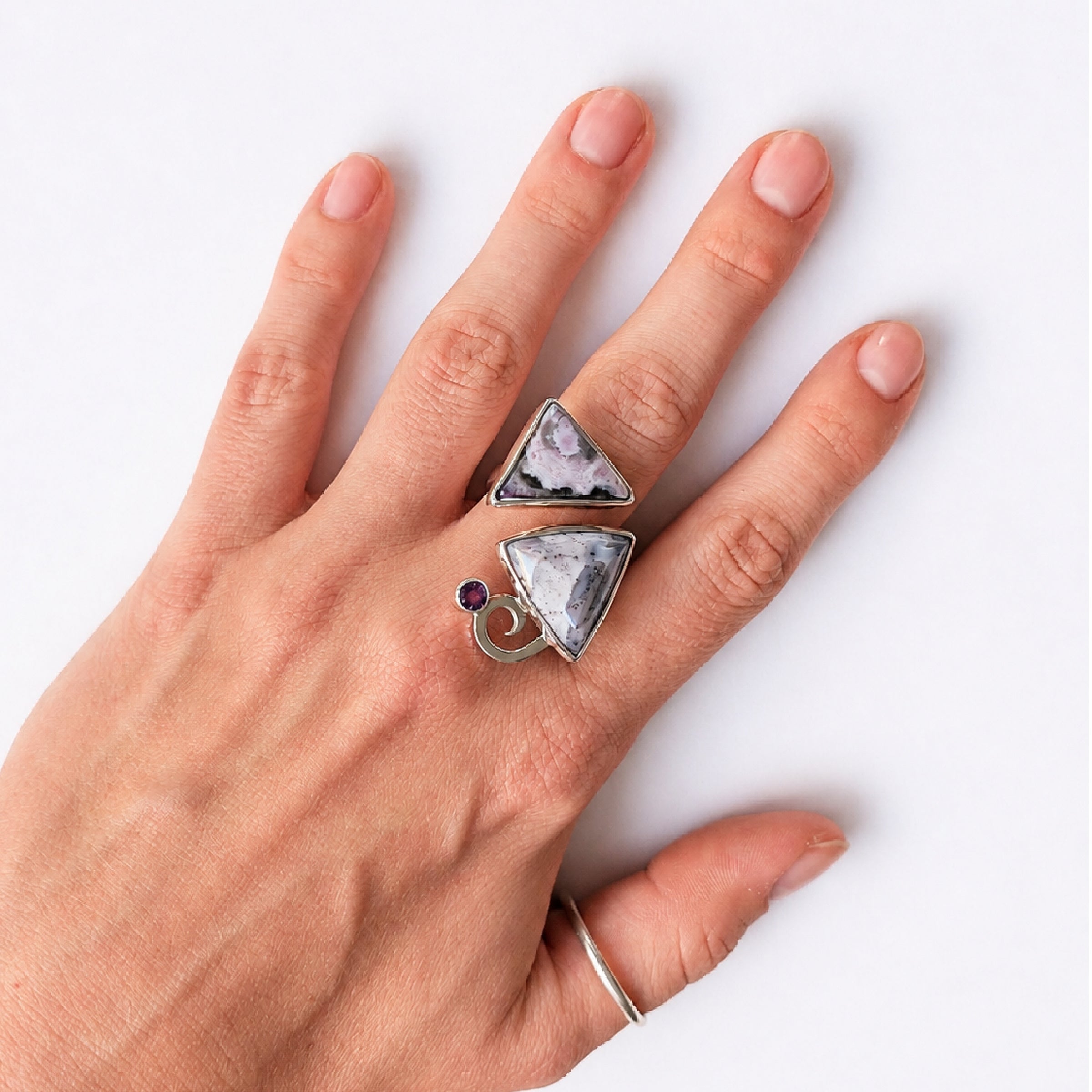 Lavender Landscape Purple Agate Adjustable Ring