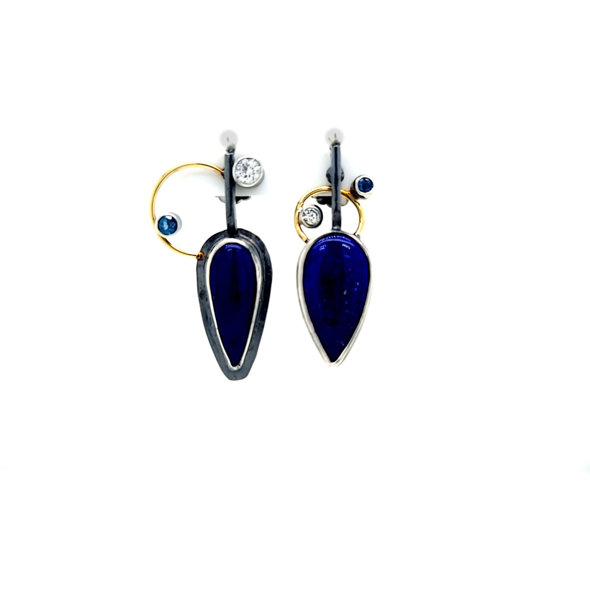 Oxidized Sterling asymmetric earrings with Lapis, Blue Topaz, Cubic Zirconia and Freshwater Pearls with 18k Gold accents.