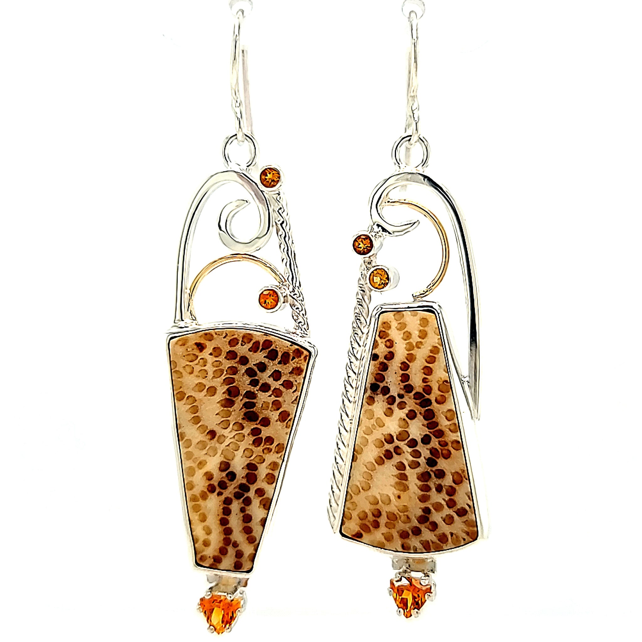 Asymmetric Sterling silver earrings with Petrified Palmwood, Citrine and 18k Gold accents.