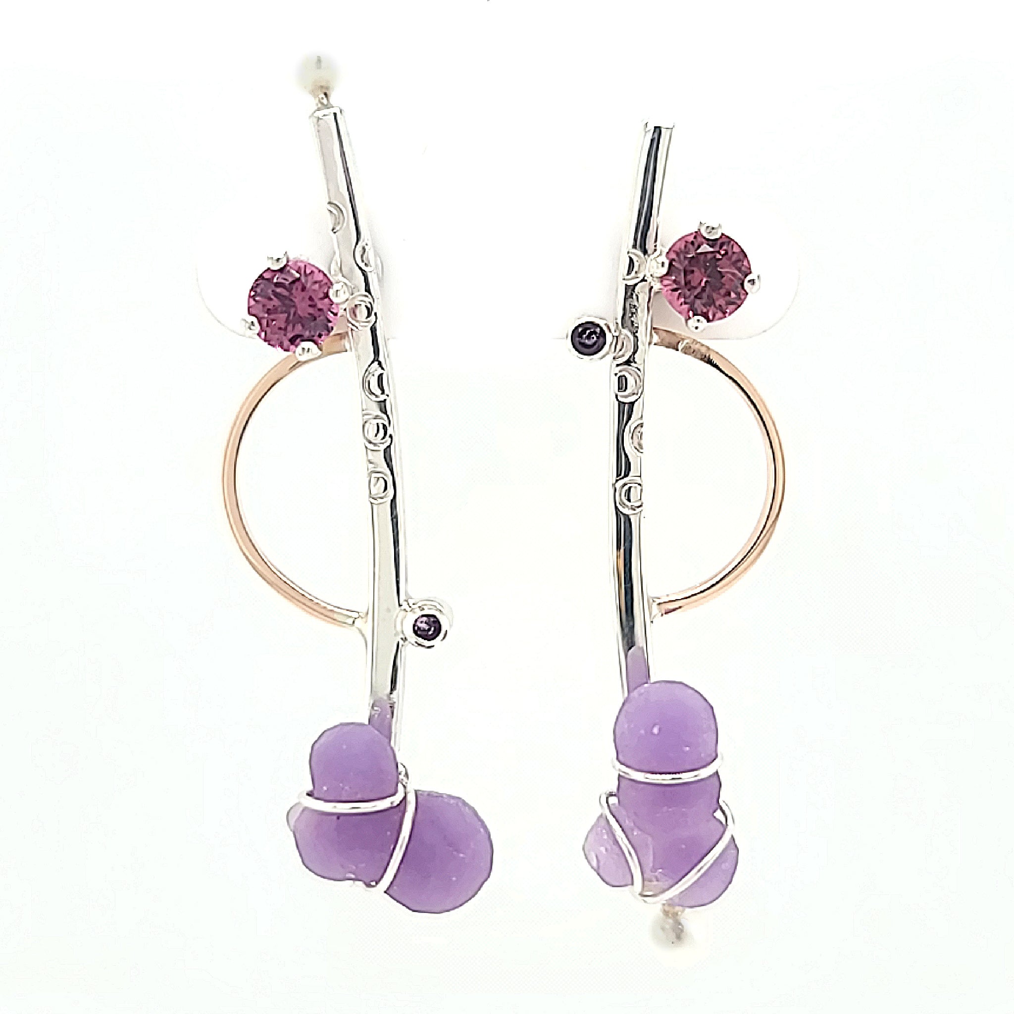 Grape Agate Earrings Set in Sterling Silver with Amethyst, Rhodolite Garnet and Freshwater Pearls with 14k Rose Gold accents.