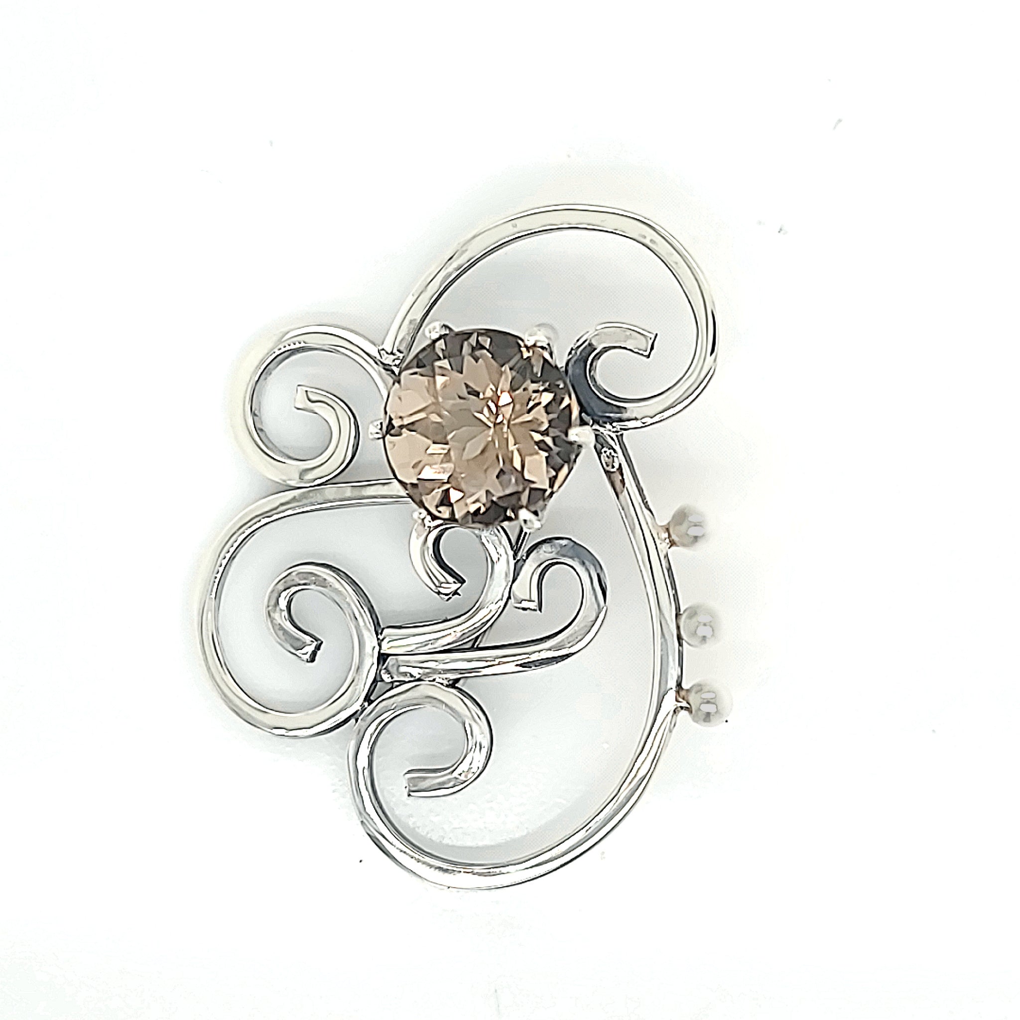 Beautiful and elegant Smoky Quartz Pin in Sterling Silver with Freshwater Pearls.