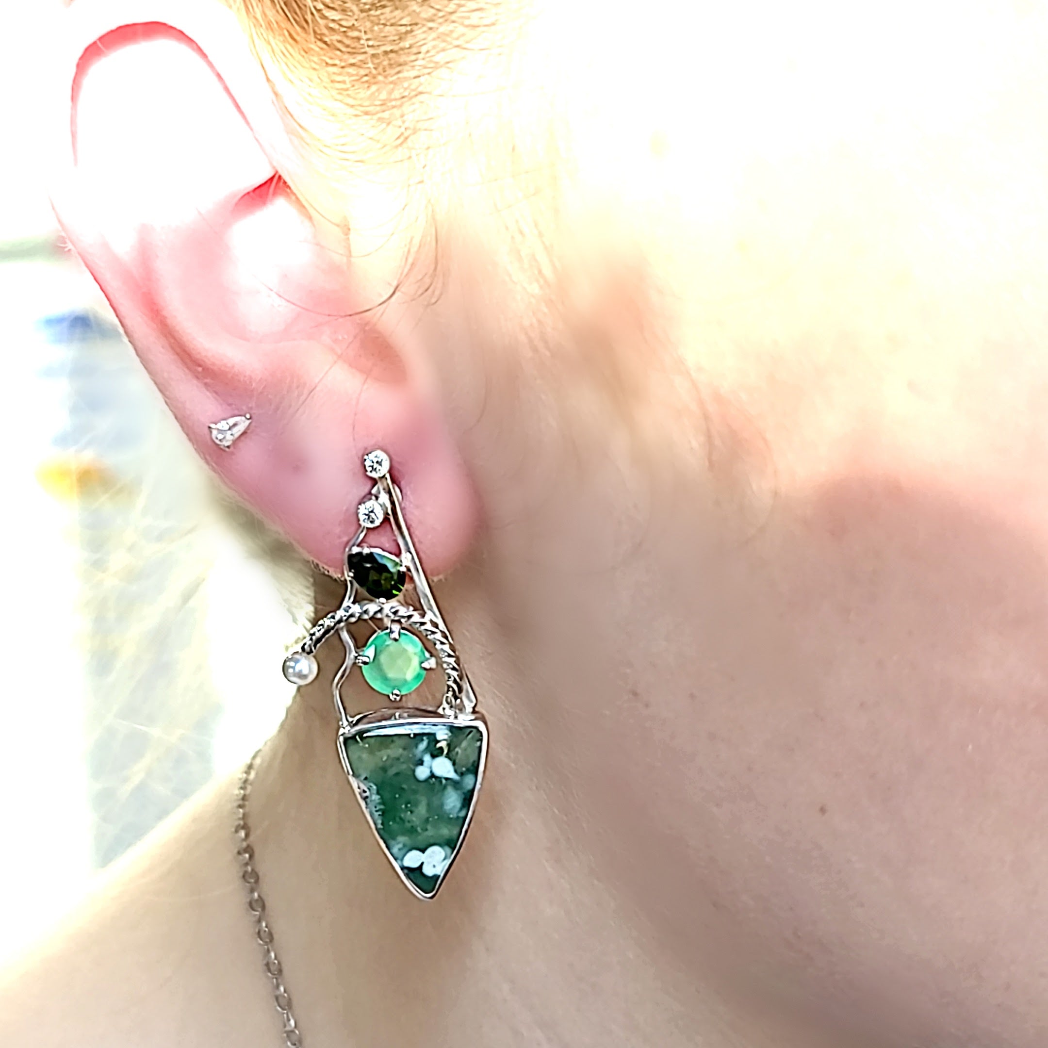 Model wearing Sterling Silver, Ocean Jasper, Chrome Diopside, Chrysoprase, Cubic Zirconia and Freshwater Pearl earrings
