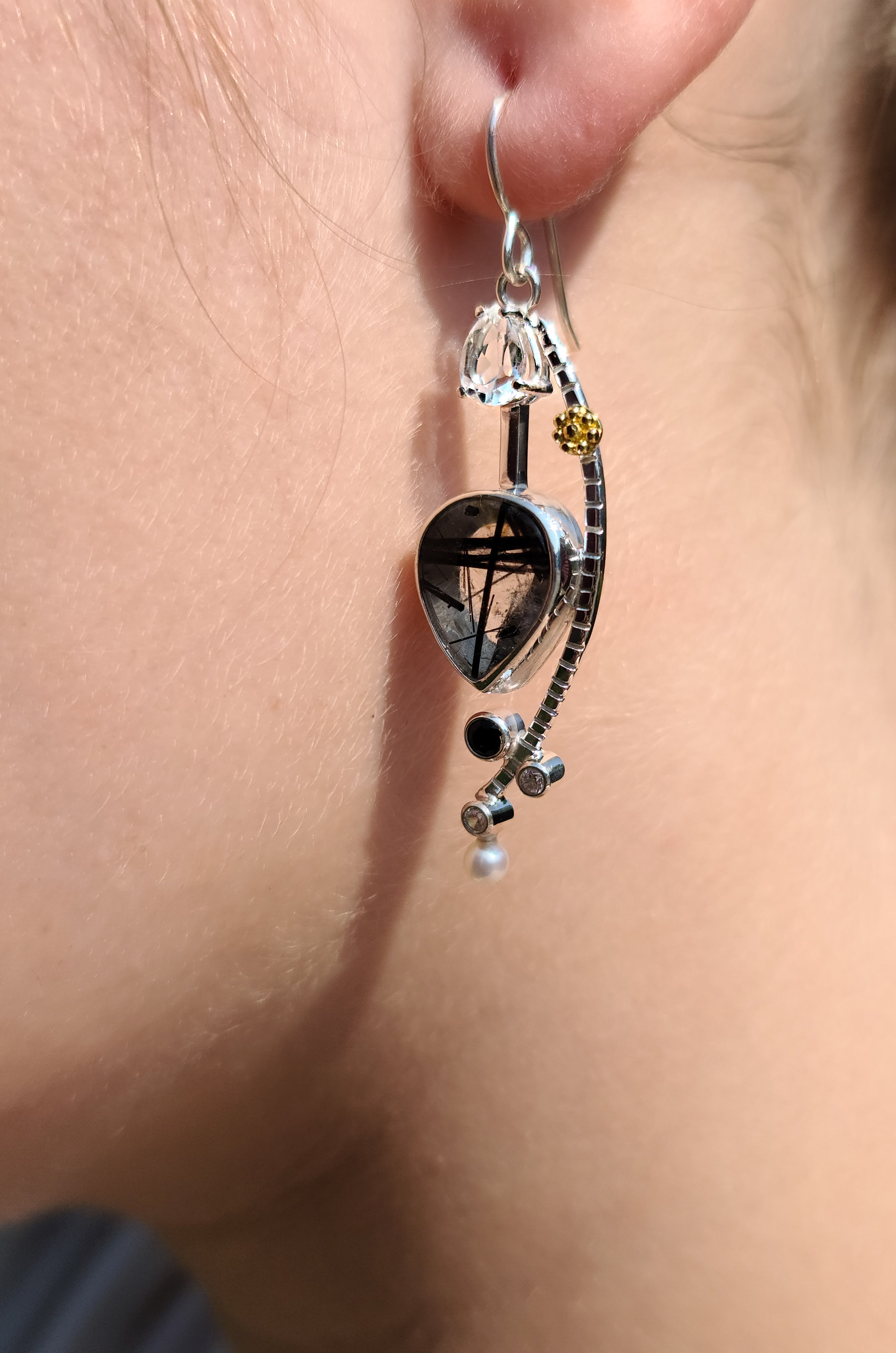 Tourmalinated Quartz and 22k Gold Earrings
