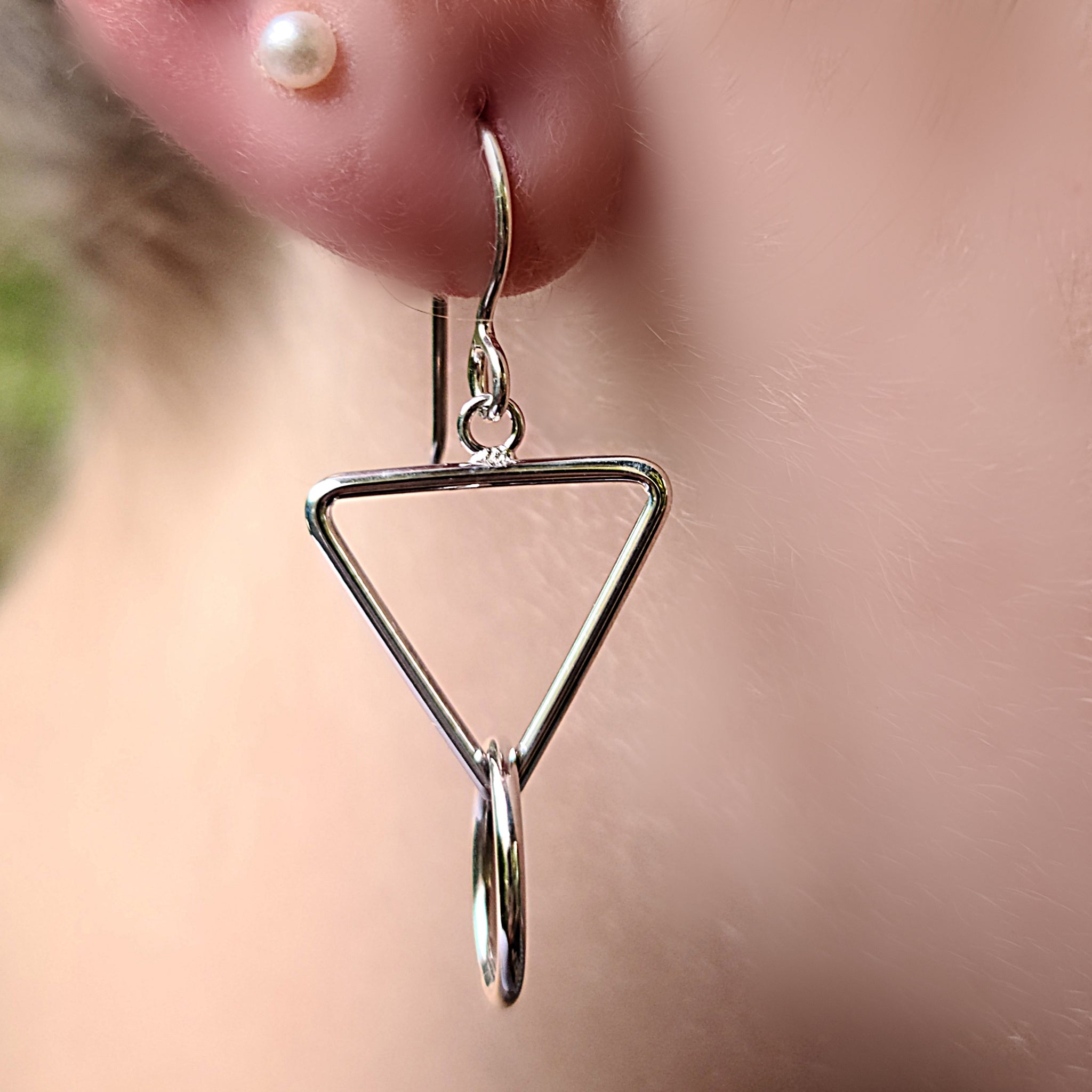 Model wearing Sterling Silver Circle Triangle earrings