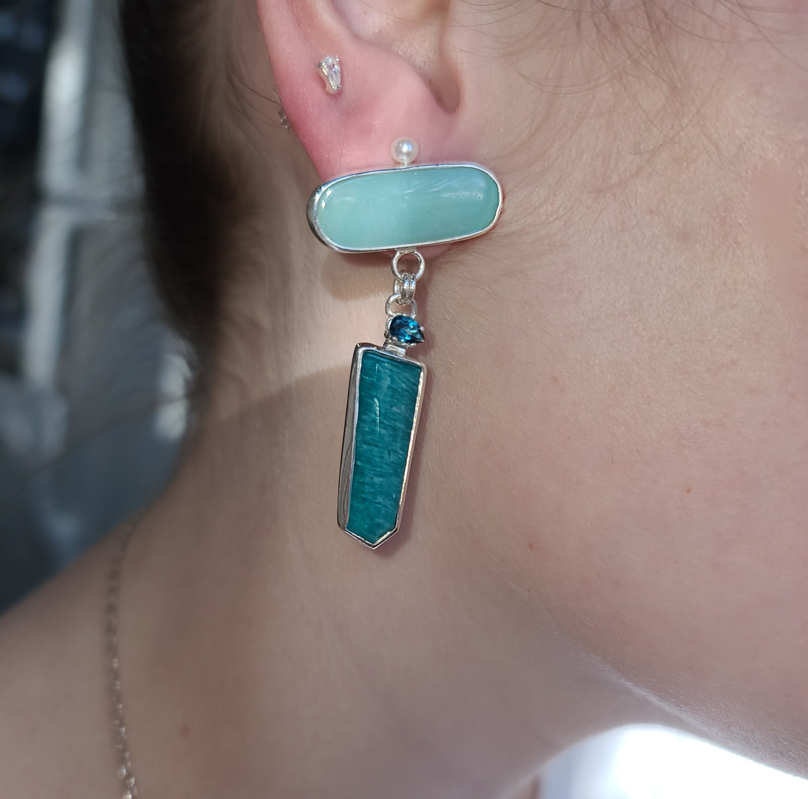 Model picture of Sterling Silver, Amazonite and London Blue Topaz Earrings