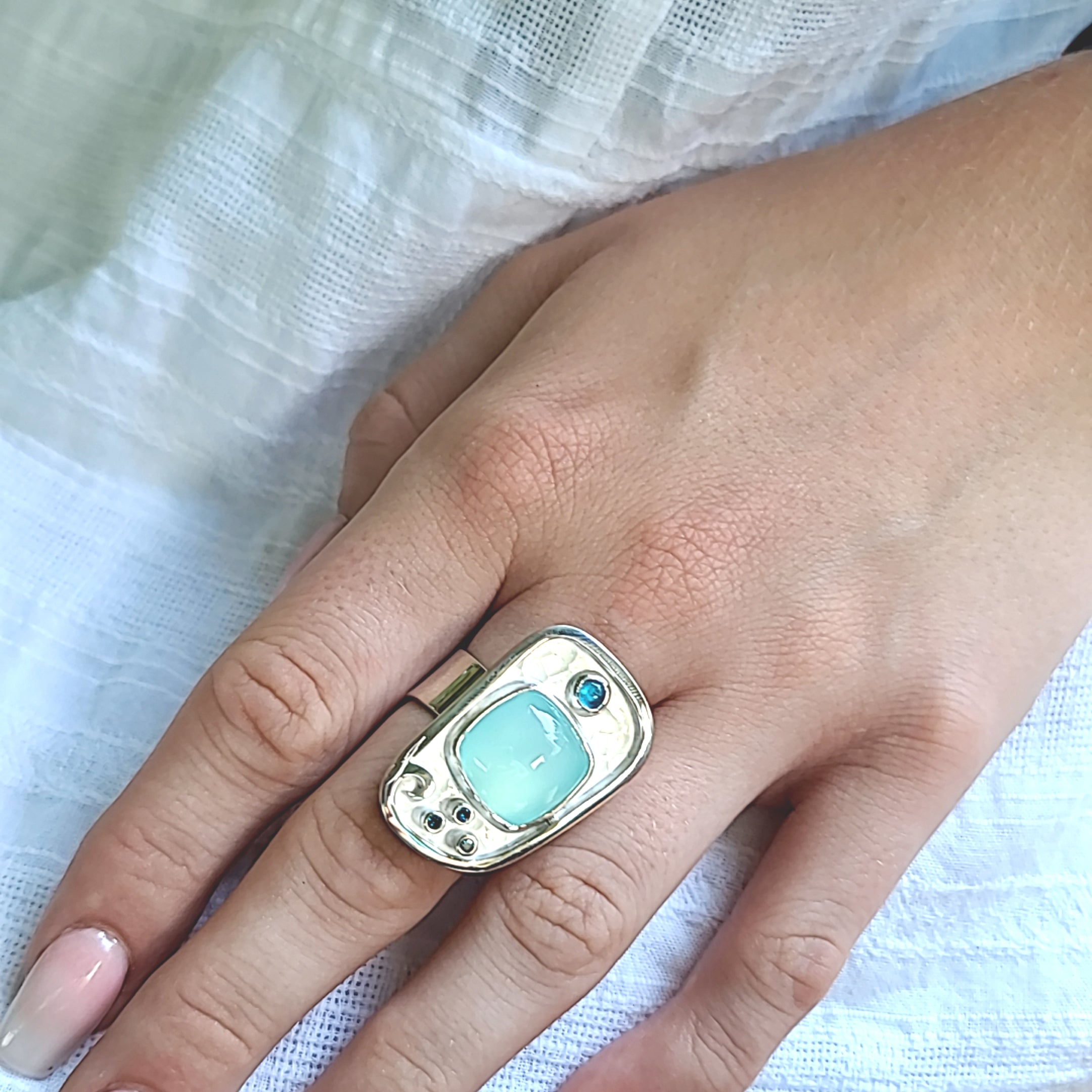 Blue Chalcedony, Blue Diamonds and Neon Apatite Ring
